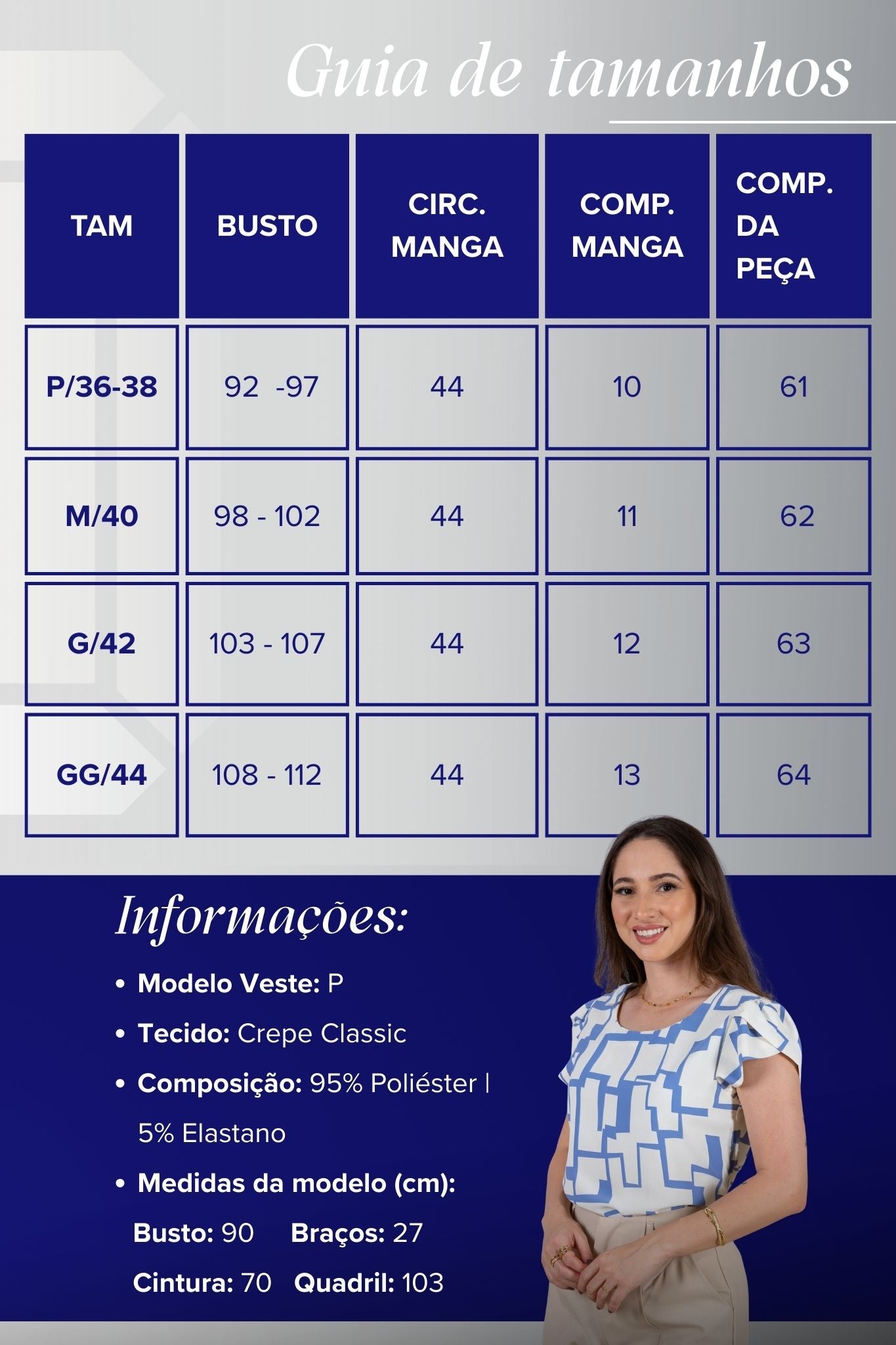 Blusa Manga Curta Transpassada Crepe Classic Carmen Estampada Geométrica Azul