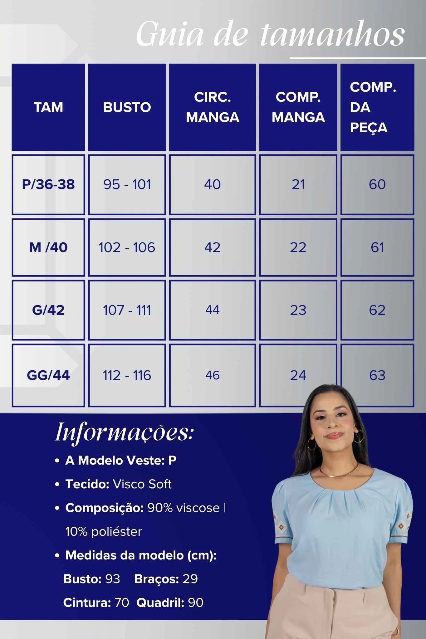 Blusa Manga Curta em Visco Soft com Bordado Geométrico e Colo em Pregas Cássia Azul