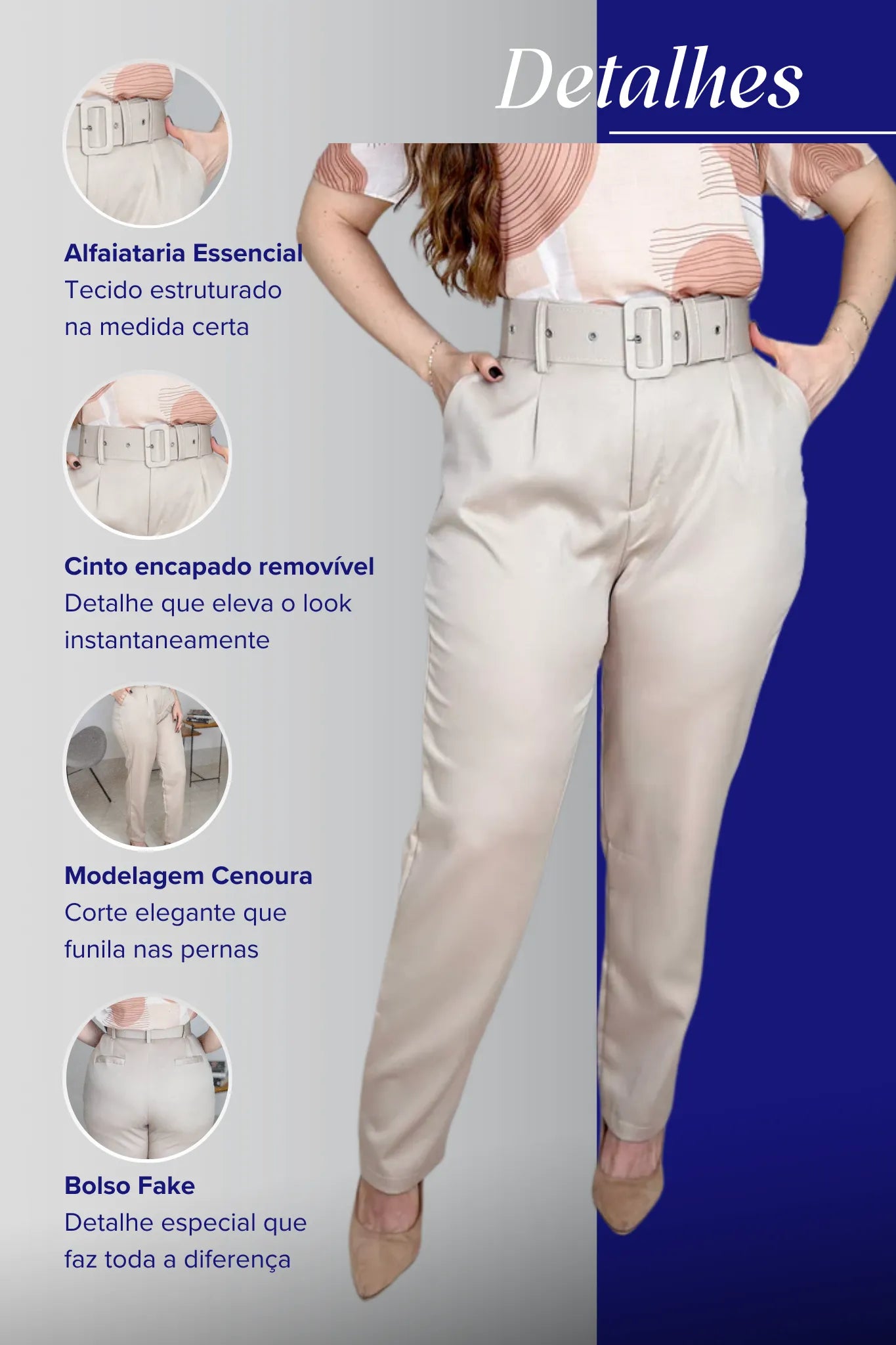 Calça Cenoura Cinto Encapado Bege