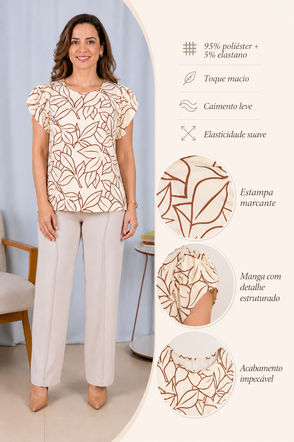 Blusa Estampada com Manga Transpassada Suelen Bege