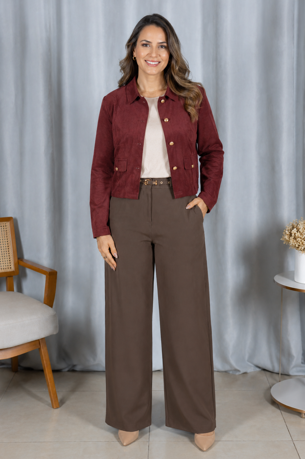 Jaqueta em Suede com Botões Delicados Rosane Marsala