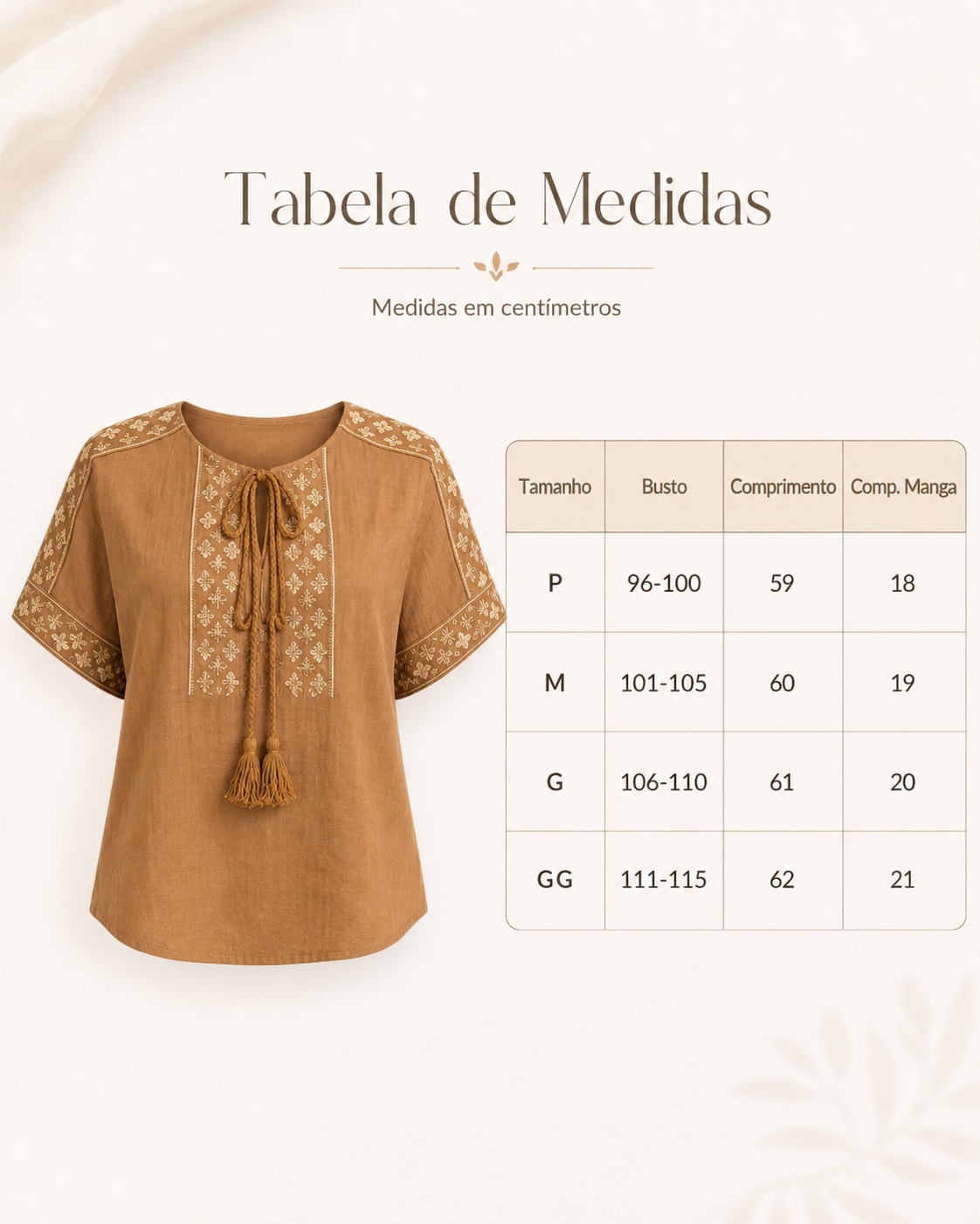 Blusa Em Cotton Linho Fresca Bordada Com Amarração Edna Marrom