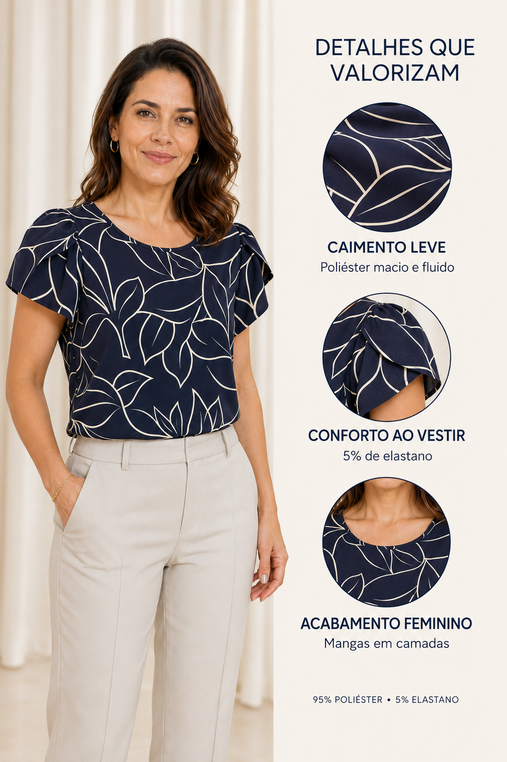 Blusa Estampada com Manga Transpassada Suelen Azul Marinho