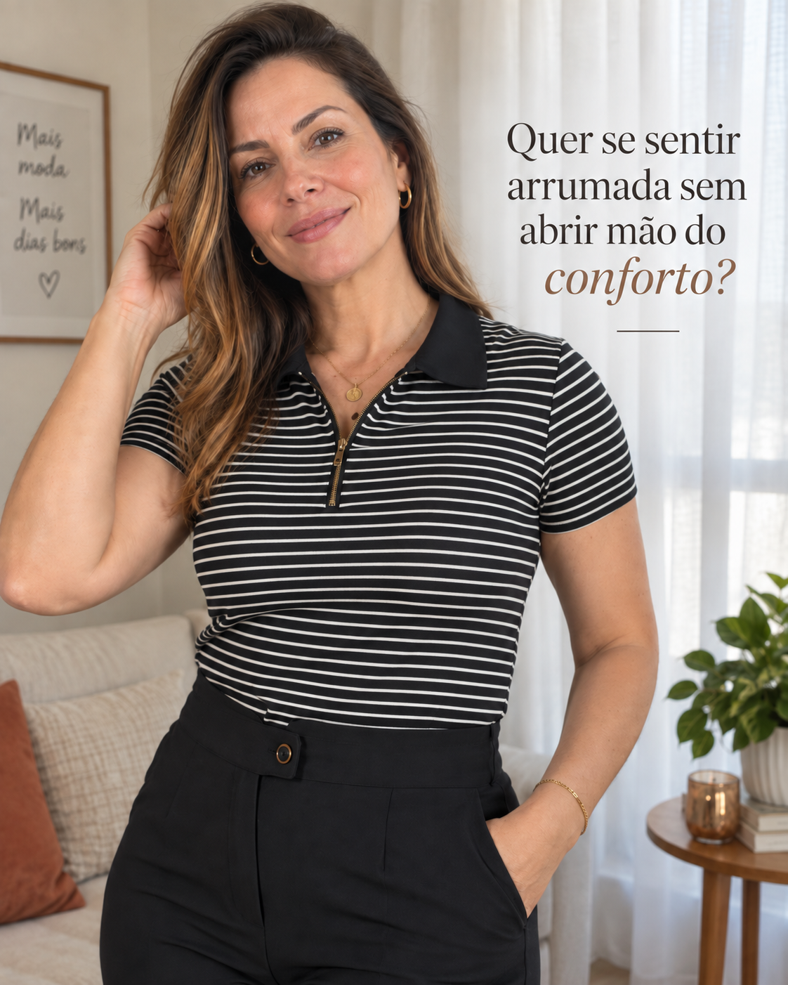 Blusa Modal Listrada com Gola Camisa Melinda Preta