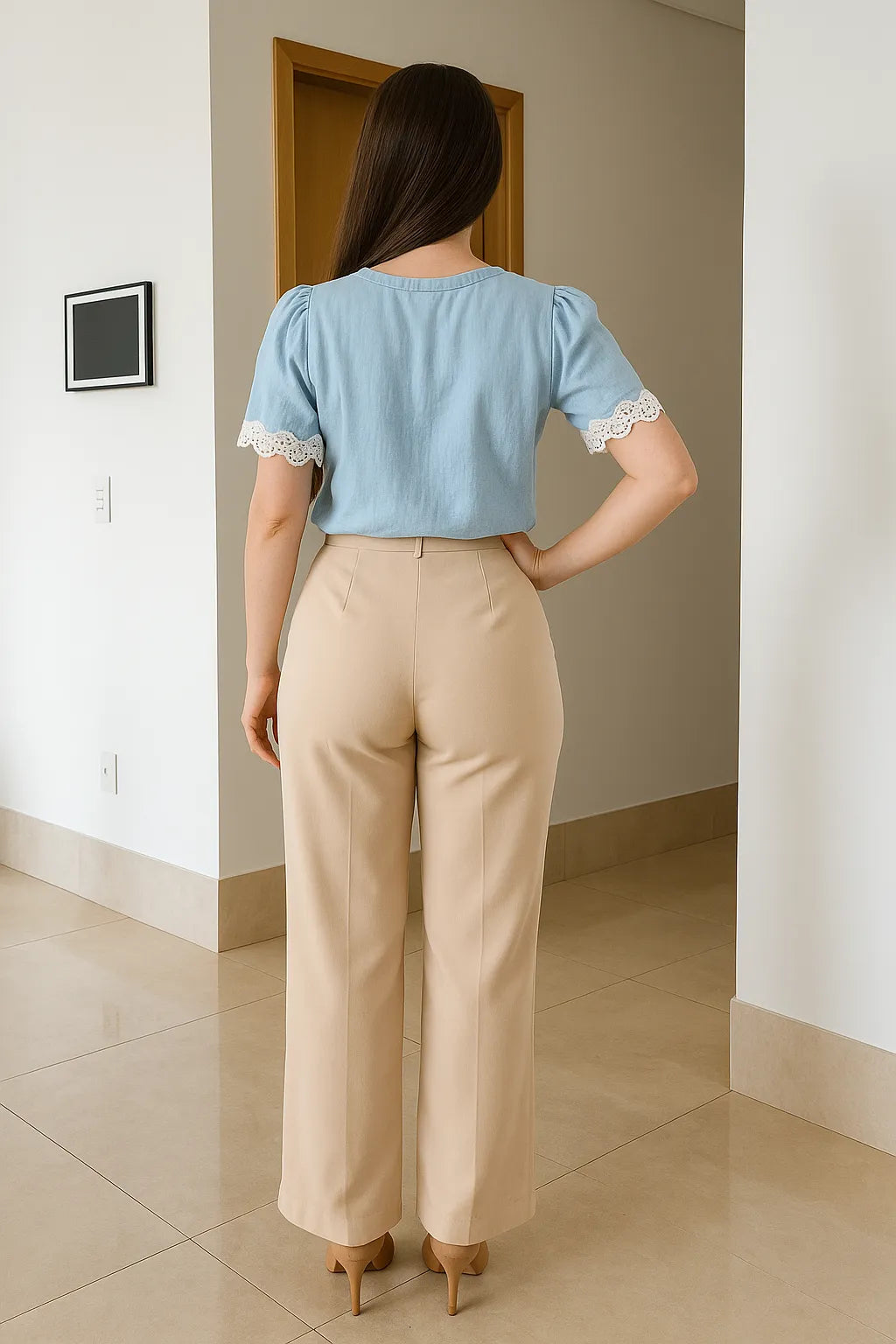Conjunto: Blusa Manga Curta Detalhe Decote “V” Visco Essenza Elen Azul + Calça Corte Reto Alfaiataria Detalhe Cós Eloísa Bege
