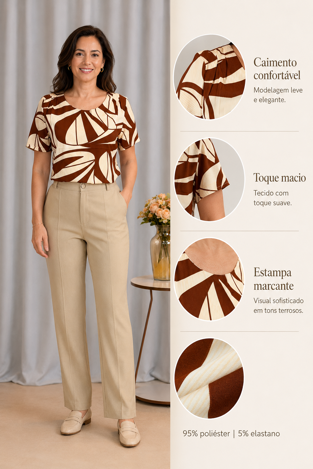 Blusa Resistente com Pregas Delicadas Savana Marrom