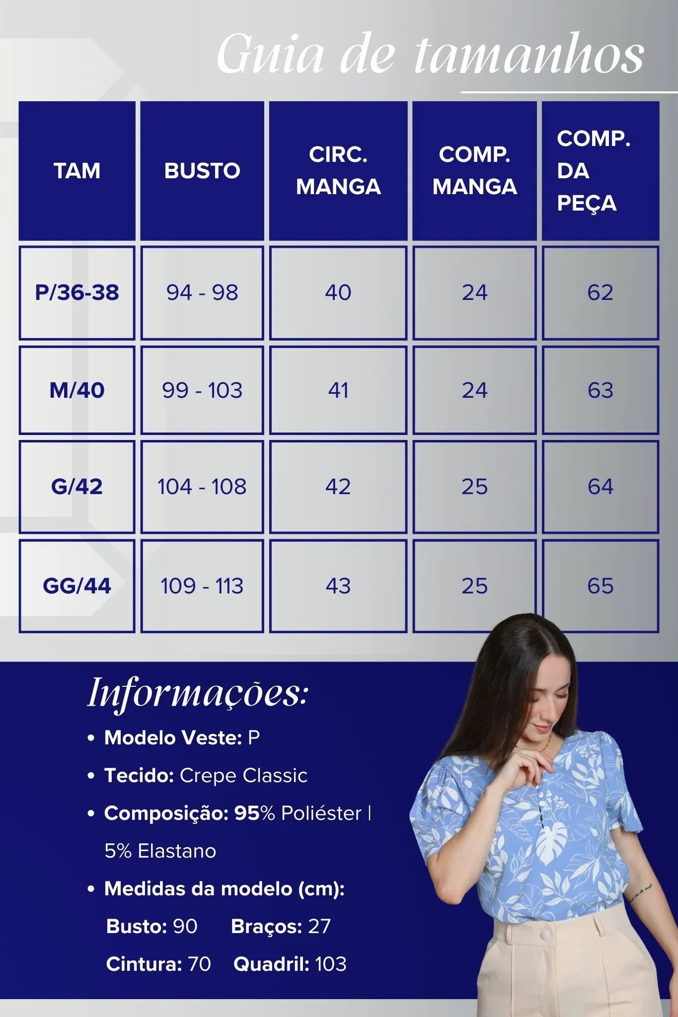 Blusa Manga Curta Decote em "V" Crepe Classic Cibele Estampada Azul