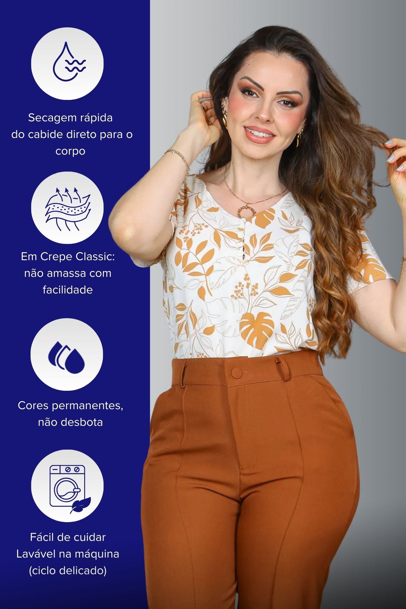 Blusa Manga Curta Decote em "V" Crepe Classic Cibele Estampada Marrom