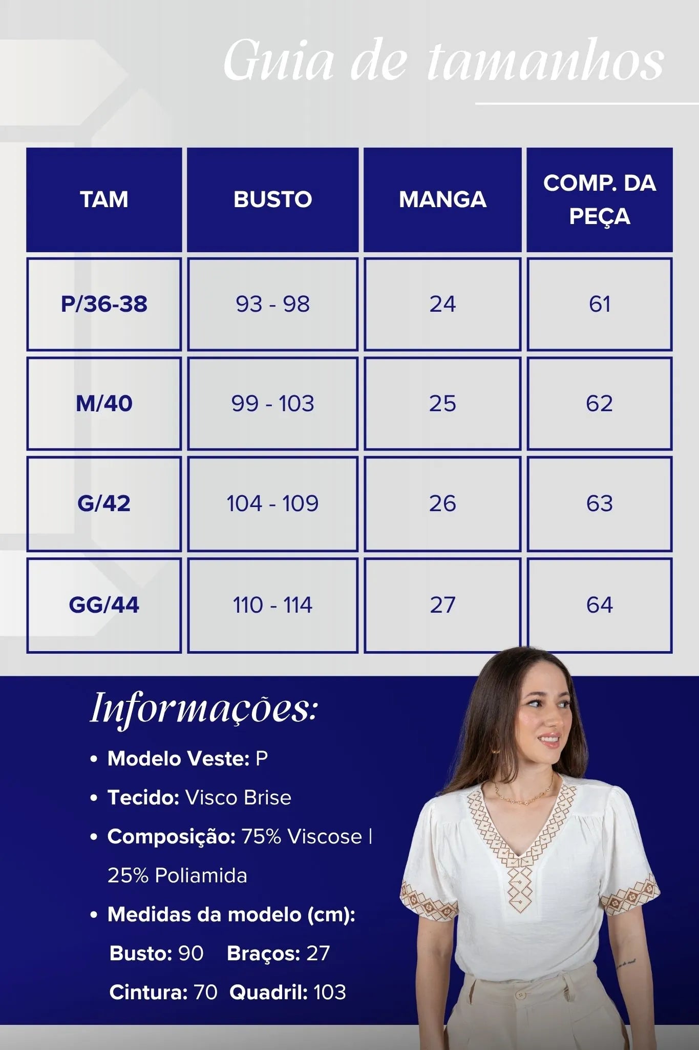 Blusa Manga Curta Detalhe Decote "V" Bordada Visco Brise Clarice Branca