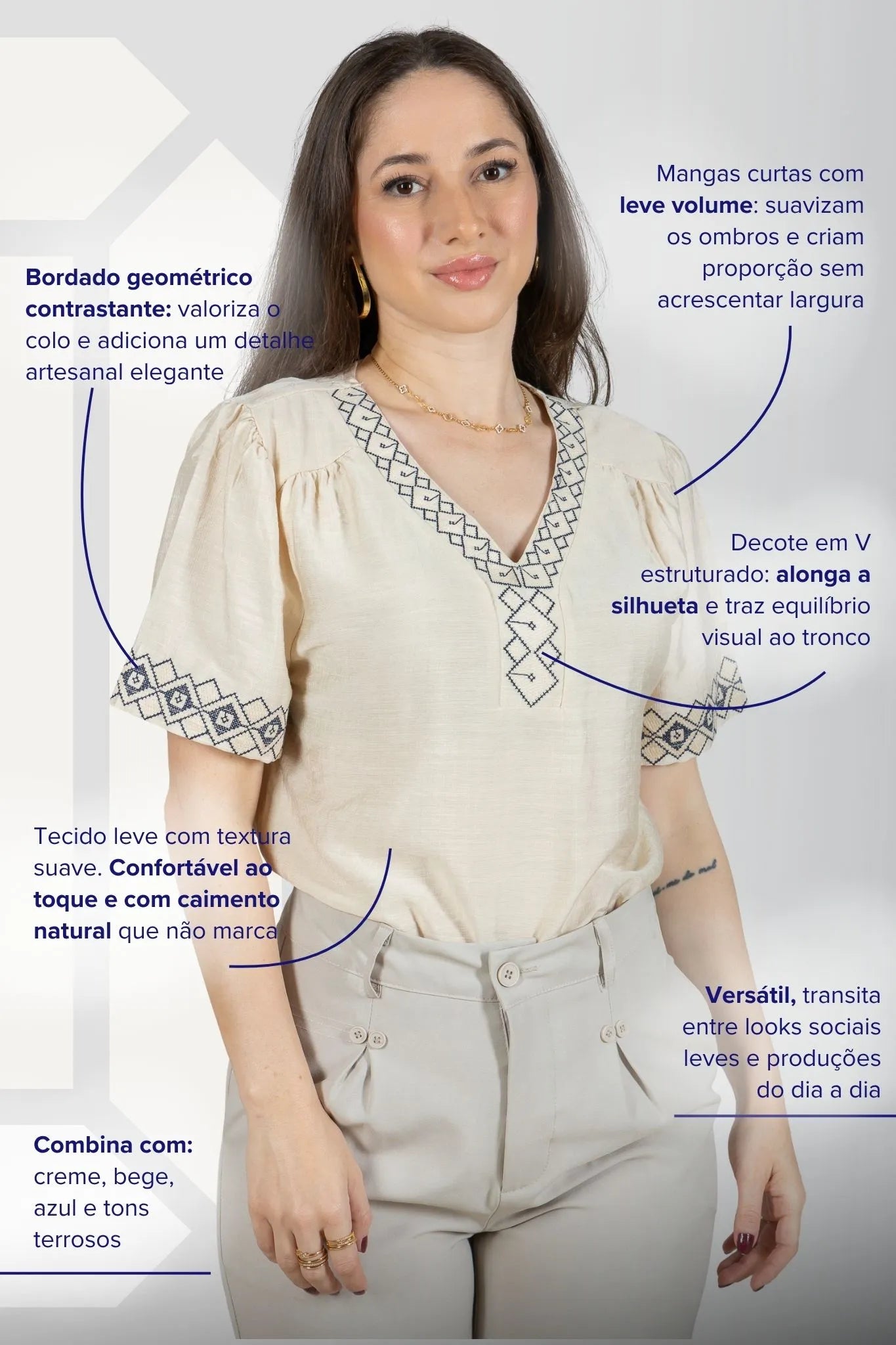 Blusa Manga Curta Detalhe Decote "V" Bordada Visco Brise Clarice Bege