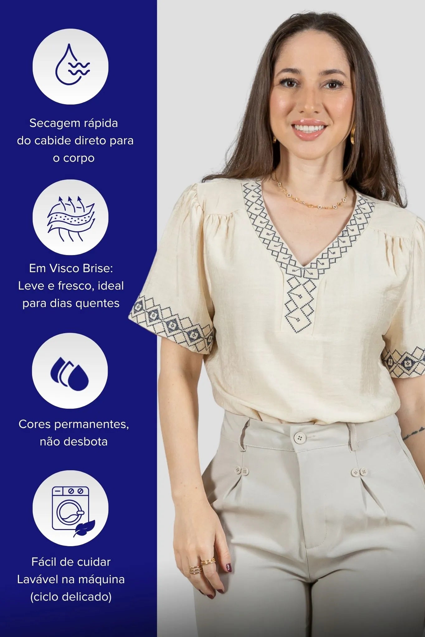 Blusa Manga Curta Detalhe Decote "V" Bordada Visco Brise Clarice Bege