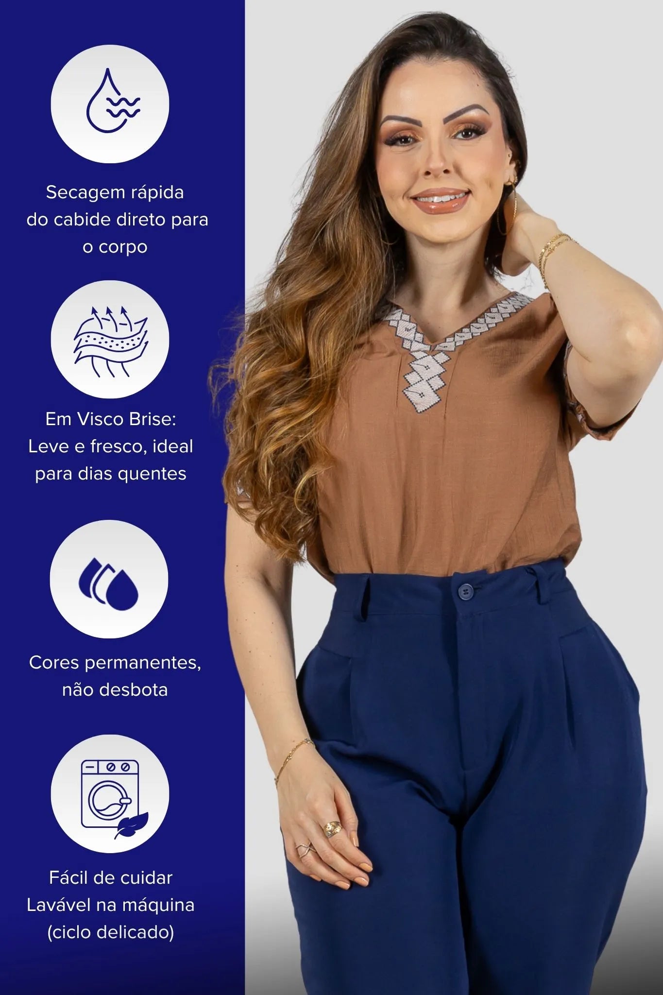 Blusa Manga Curta Detalhe Decote "V" Bordada Visco Brise Clarice Marrom