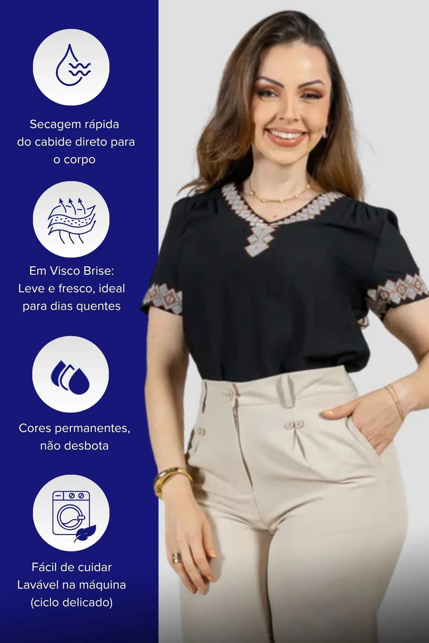 Blusa Manga Curta Detalhe Decote "V" Bordada Visco Brise Clarice Preta