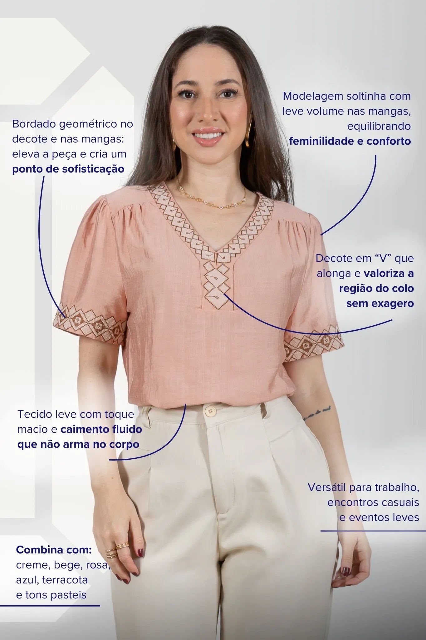 Blusa Manga Curta Detalhe Decote "V" Bordada Visco Brise Clarice Rosa