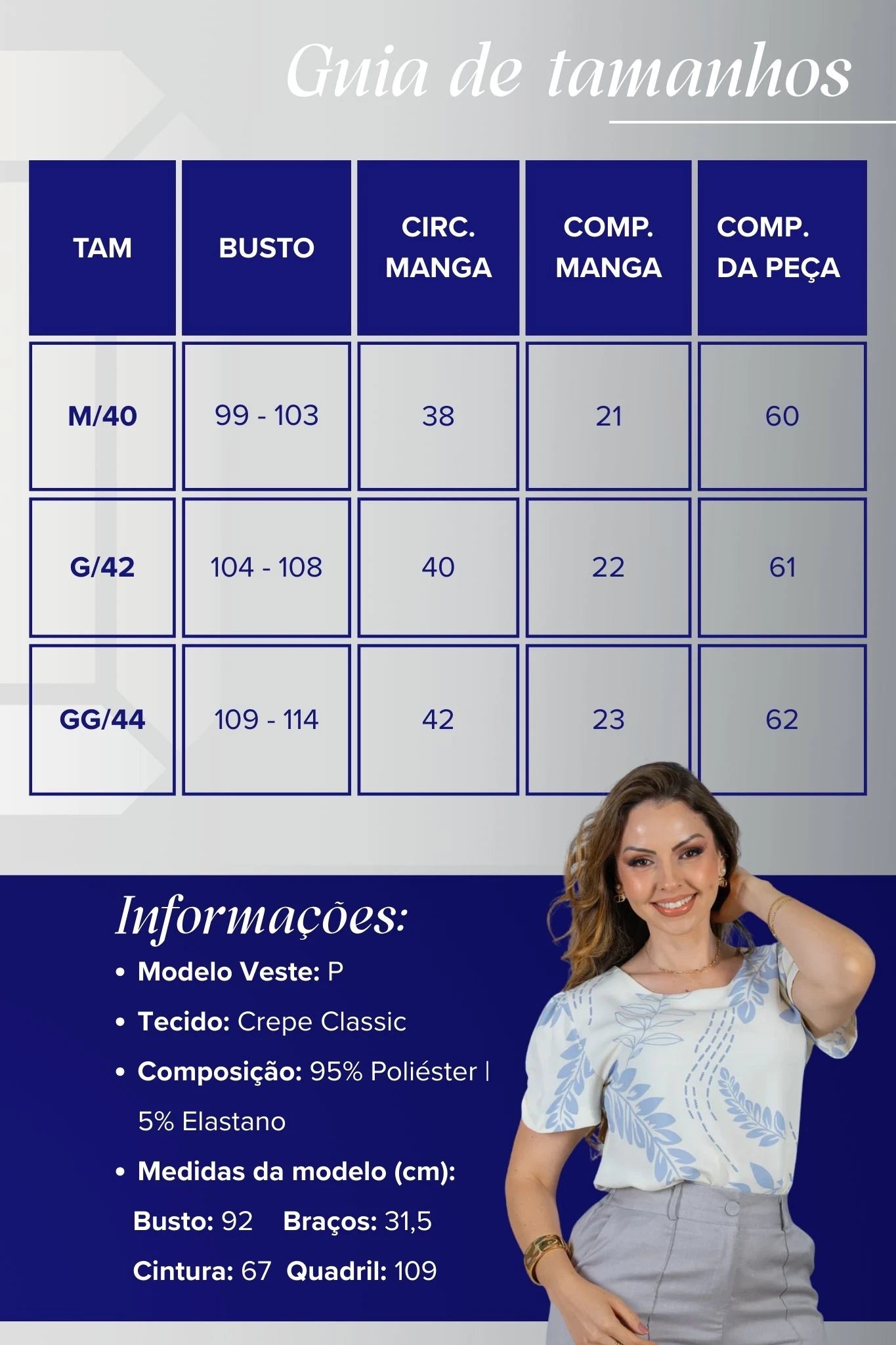 Blusa Manga Curta Fecho em Botão Estampada Crepe Classic Claudete Azul
