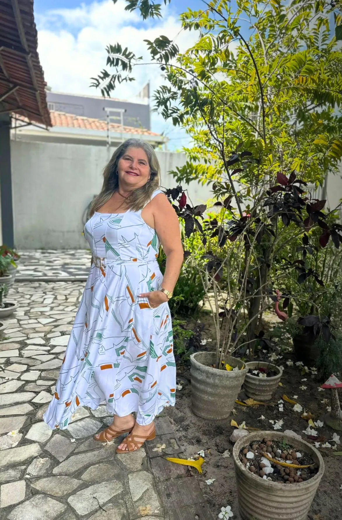 Vestido Midi Detalhe Cinto Claudia Estampado Branco