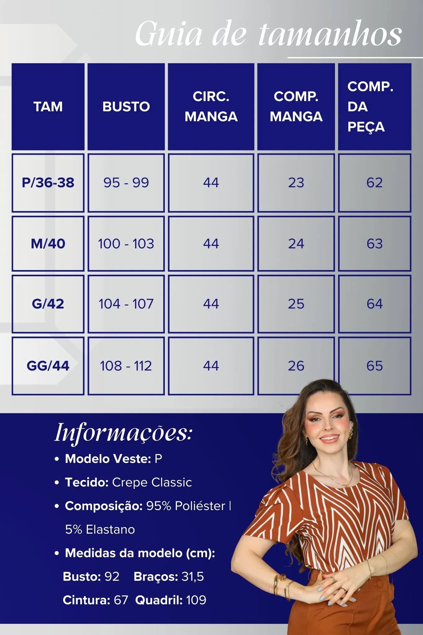 Blusa Manga Curta Crepe Classic Estampa Chevron Claudia Marrom