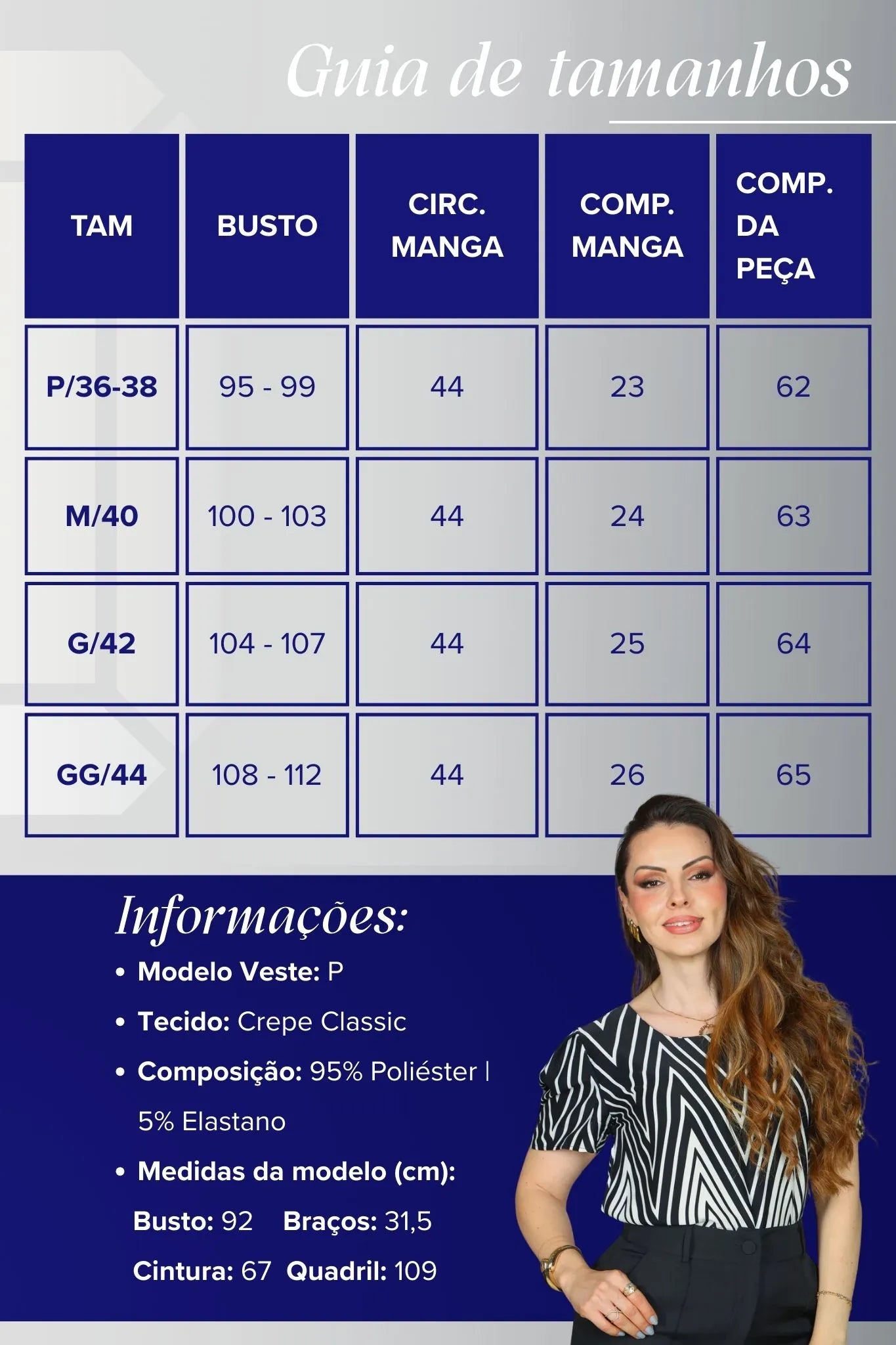 Blusa Manga Curta Crepe Classic Estampa Chevron Claudia Chevron Preta