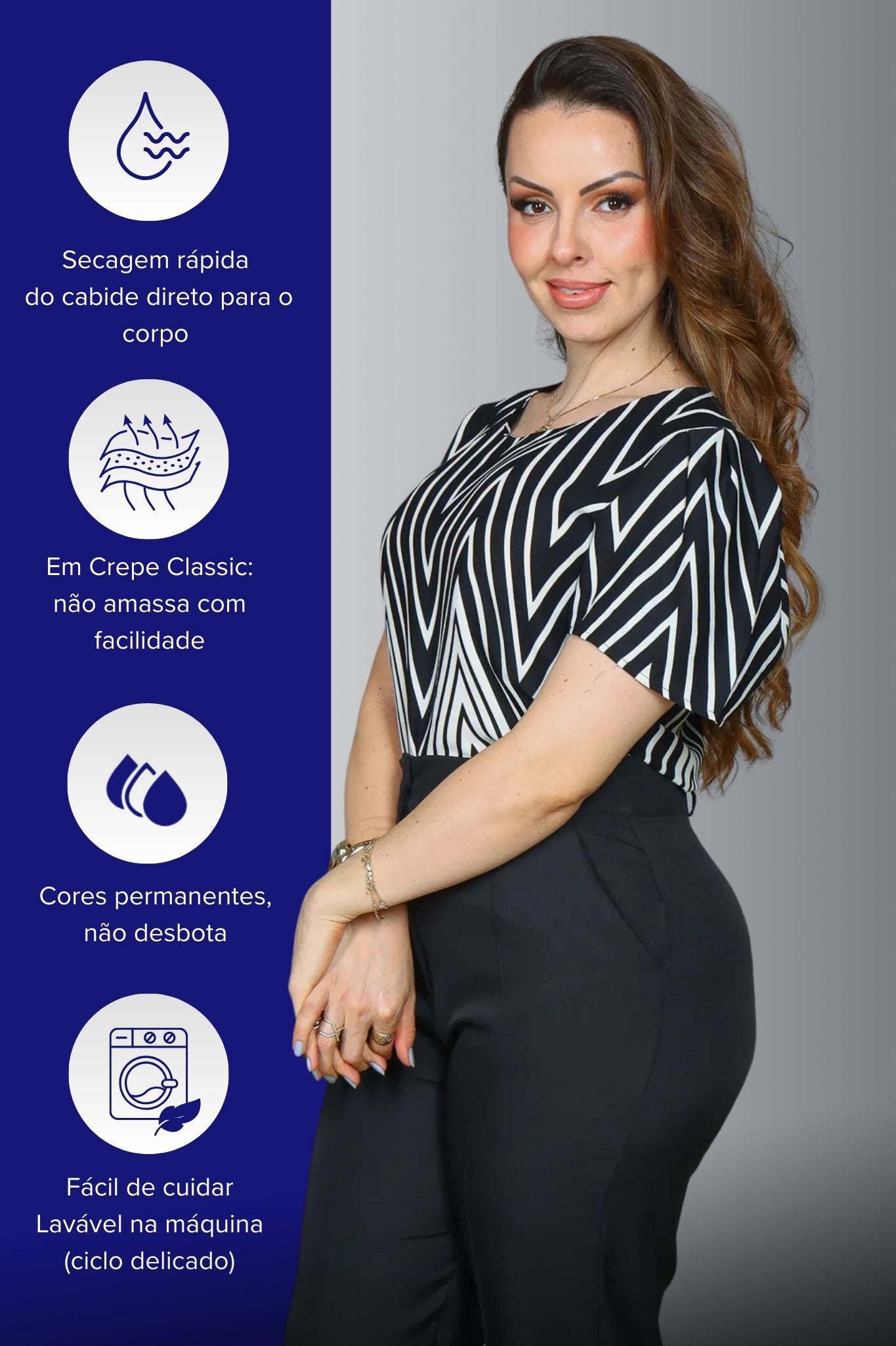 Blusa Manga Curta Crepe Classic Estampa Chevron Claudia Preta