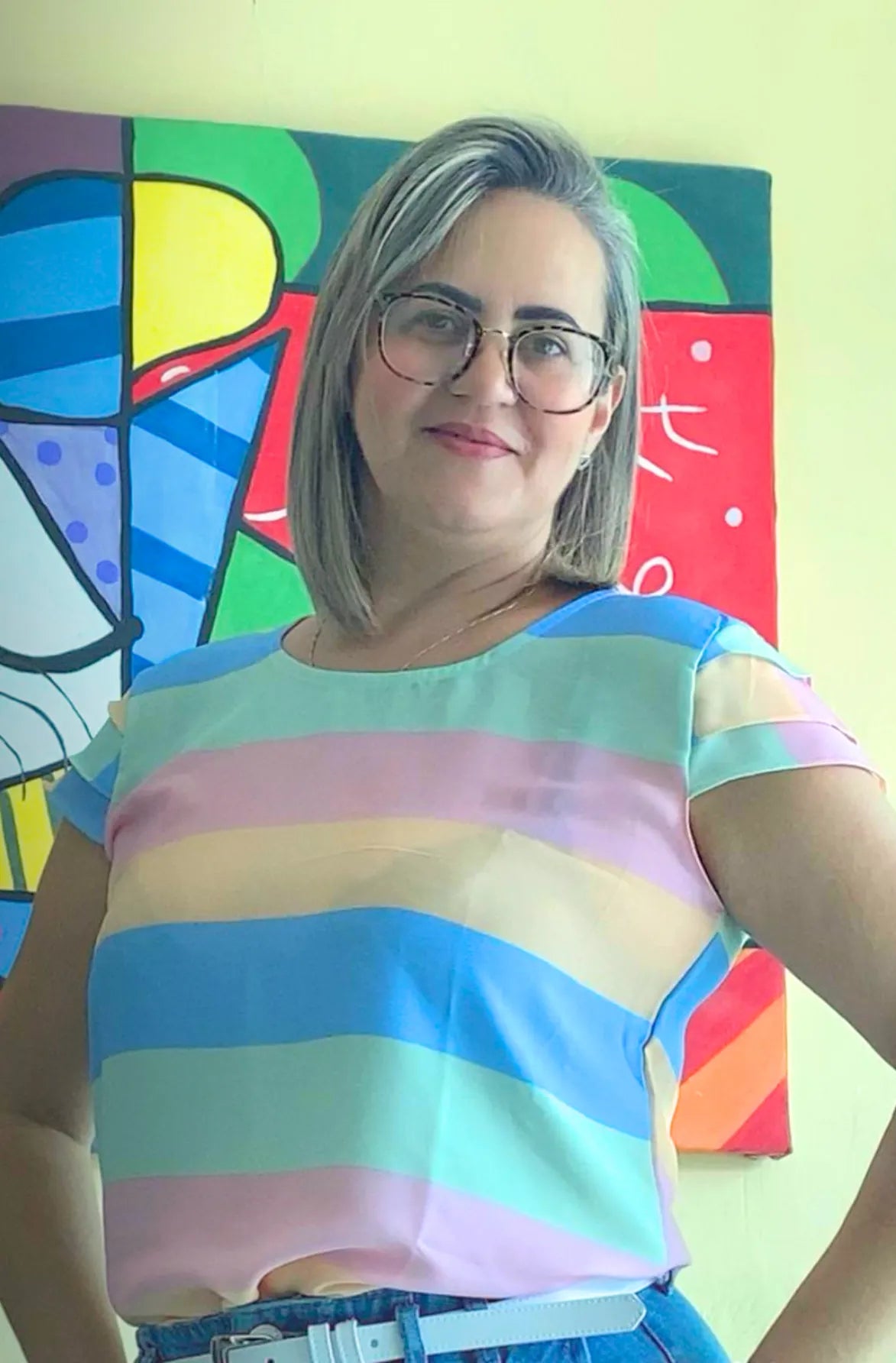 Blusa Manga Curta Camadas Listras Colorida Amarela