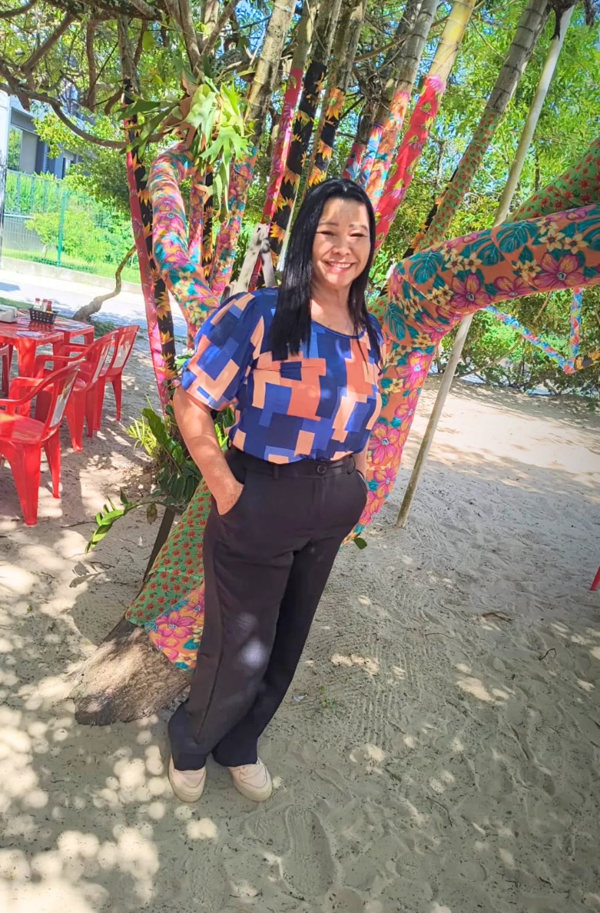 Blusa Manga Curta Detalhe Botões Karen Estampada Azul