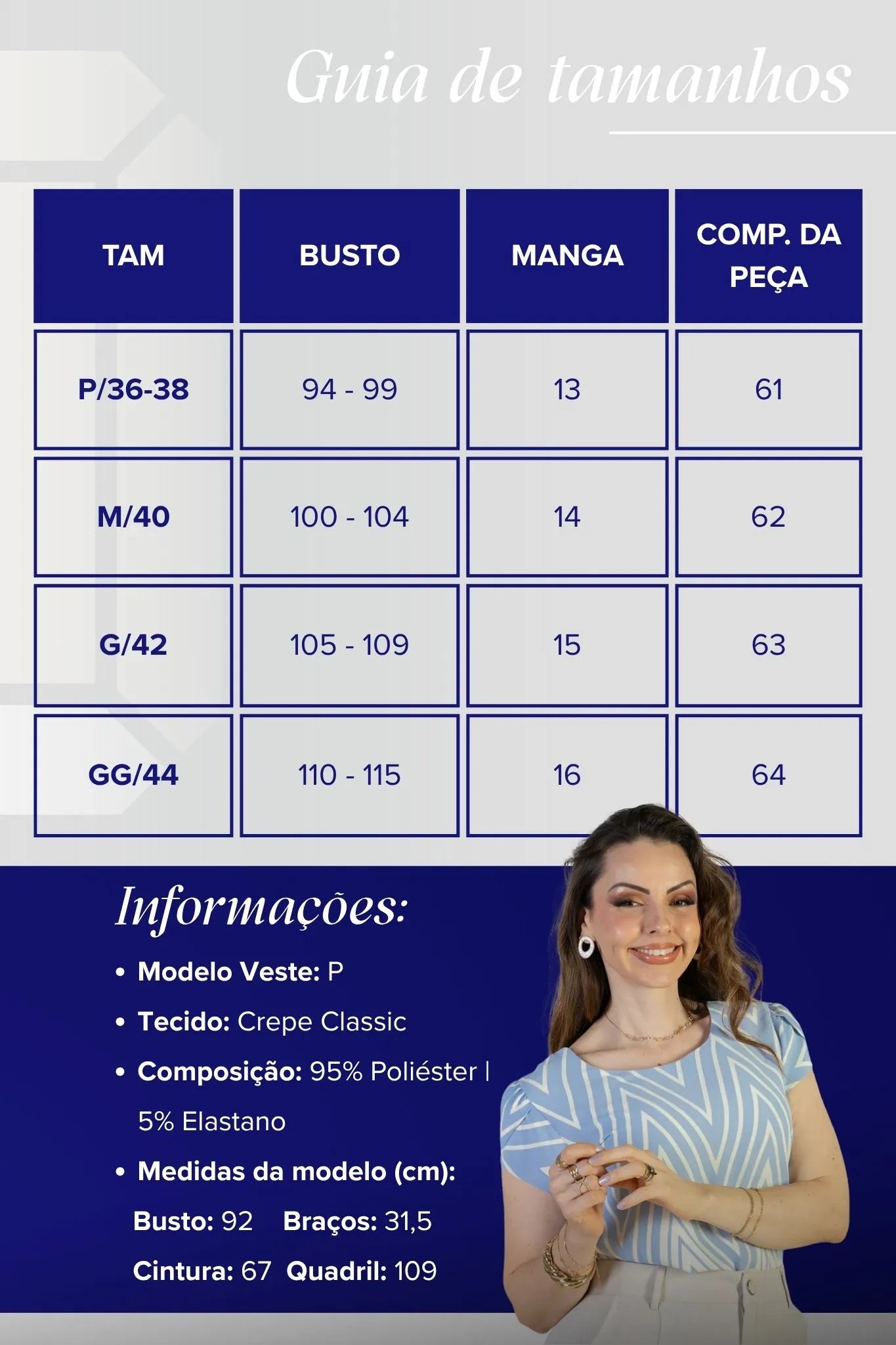 Blusa Manga Curta Transpassada Crepe Classic Cristina Estampa Chevron Azul