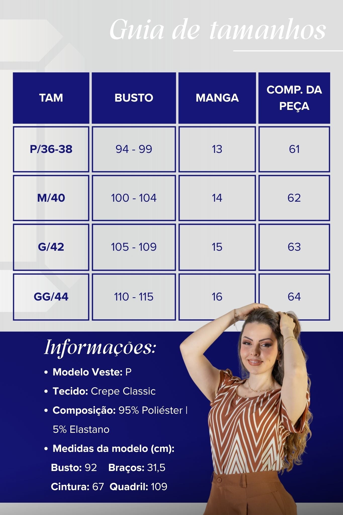 Blusa Manga Curta Transpassada Crepe Classic Cristina Estampa Chevron Marrom