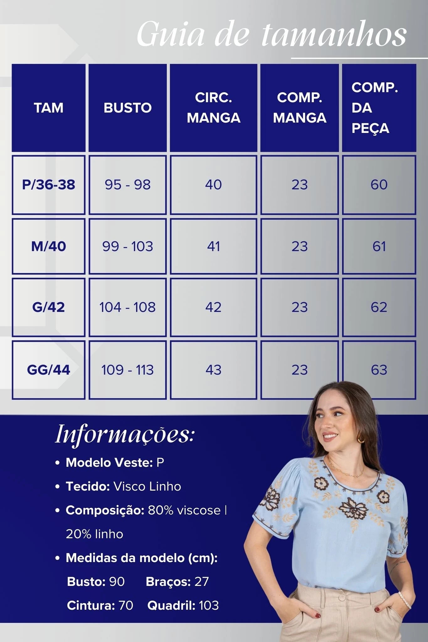 Blusa Manga Curta Visco-Linho Detalhes Bordados em Flores Darcy Azul