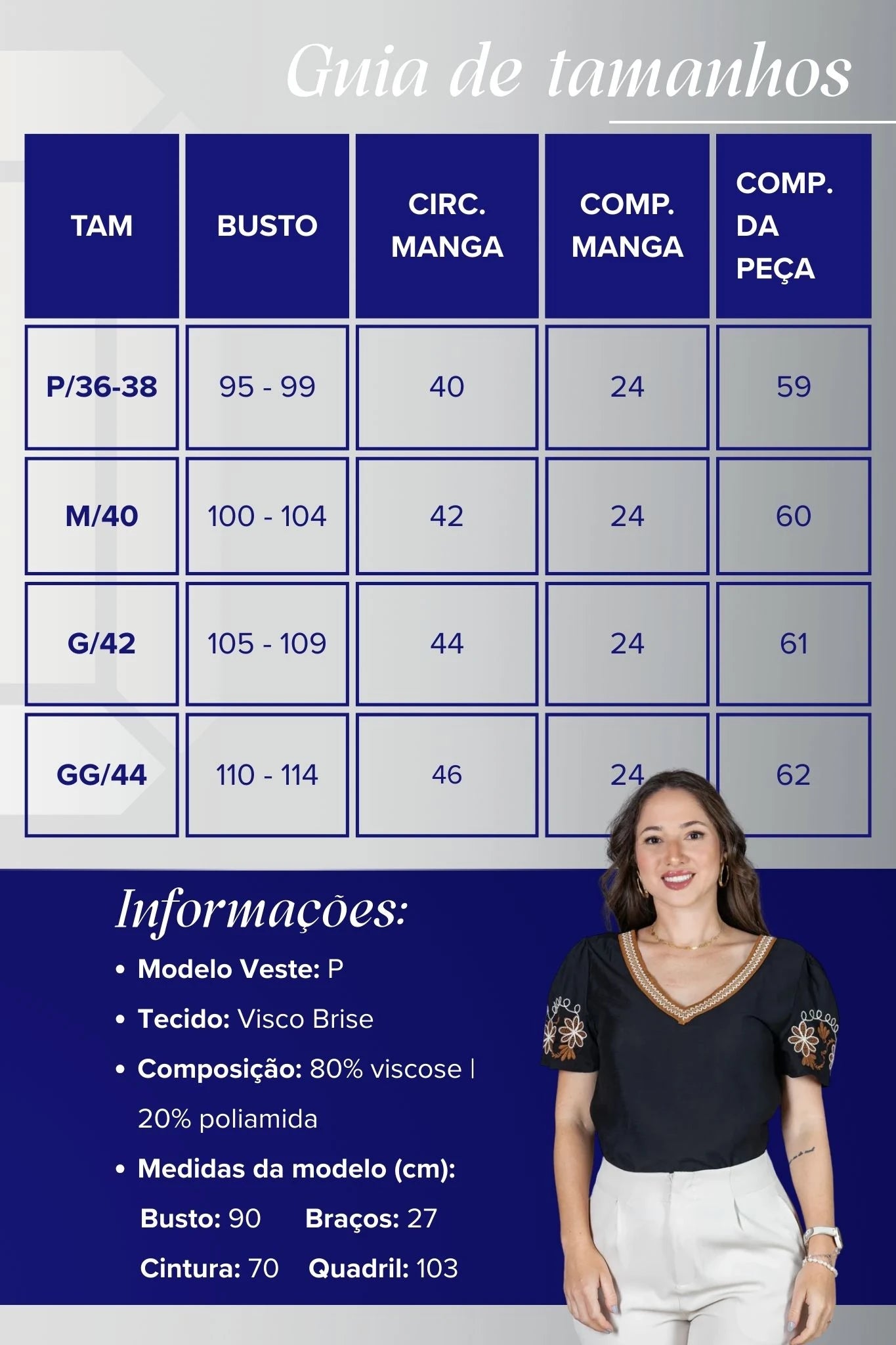 Blusa Manga Curta em Visco Brise Decote em "V" com Bordados Florais Deise Preta