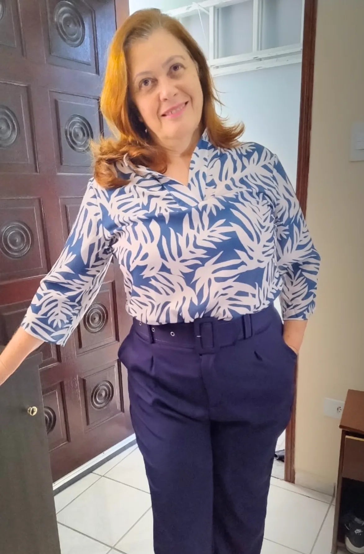 Blusa Manga 3/4 Decote "V" Deise Estampada Azul