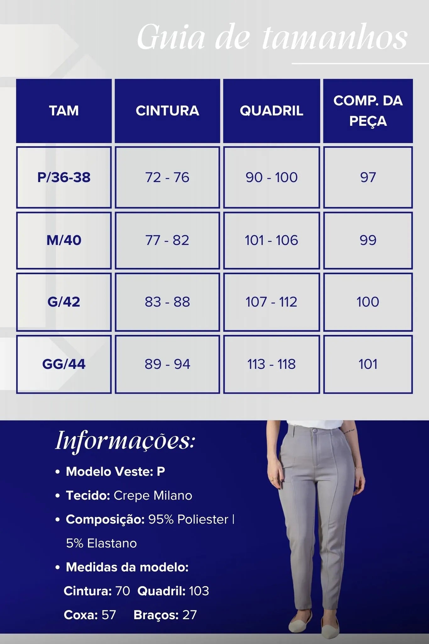 Calça Corte Reto Detalhe Friso Crepe Milano Eliana Bezerra Cinza