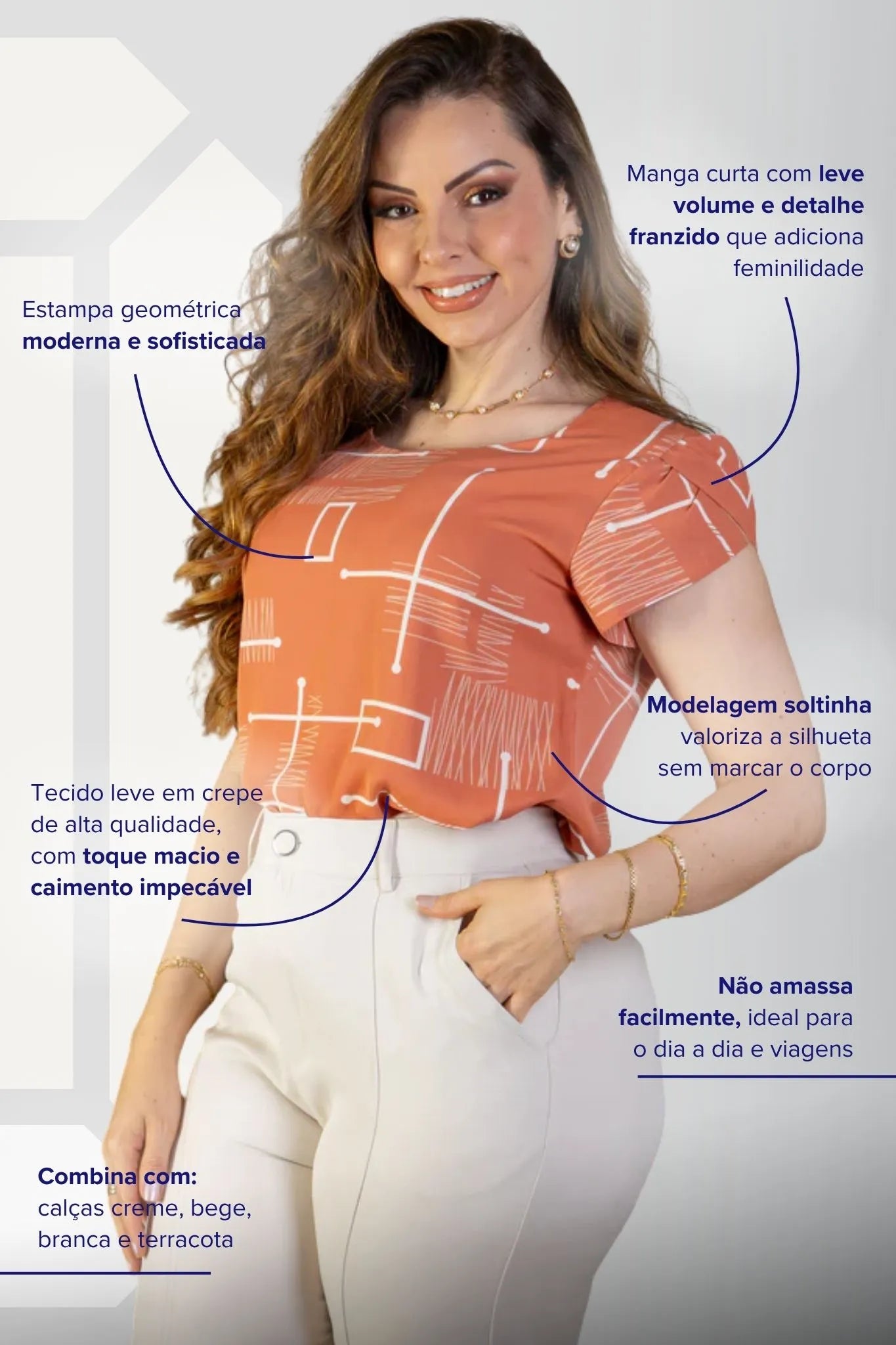 Blusa Manga Transpassada Crepe Classic Elis Regina Estampada Terracota