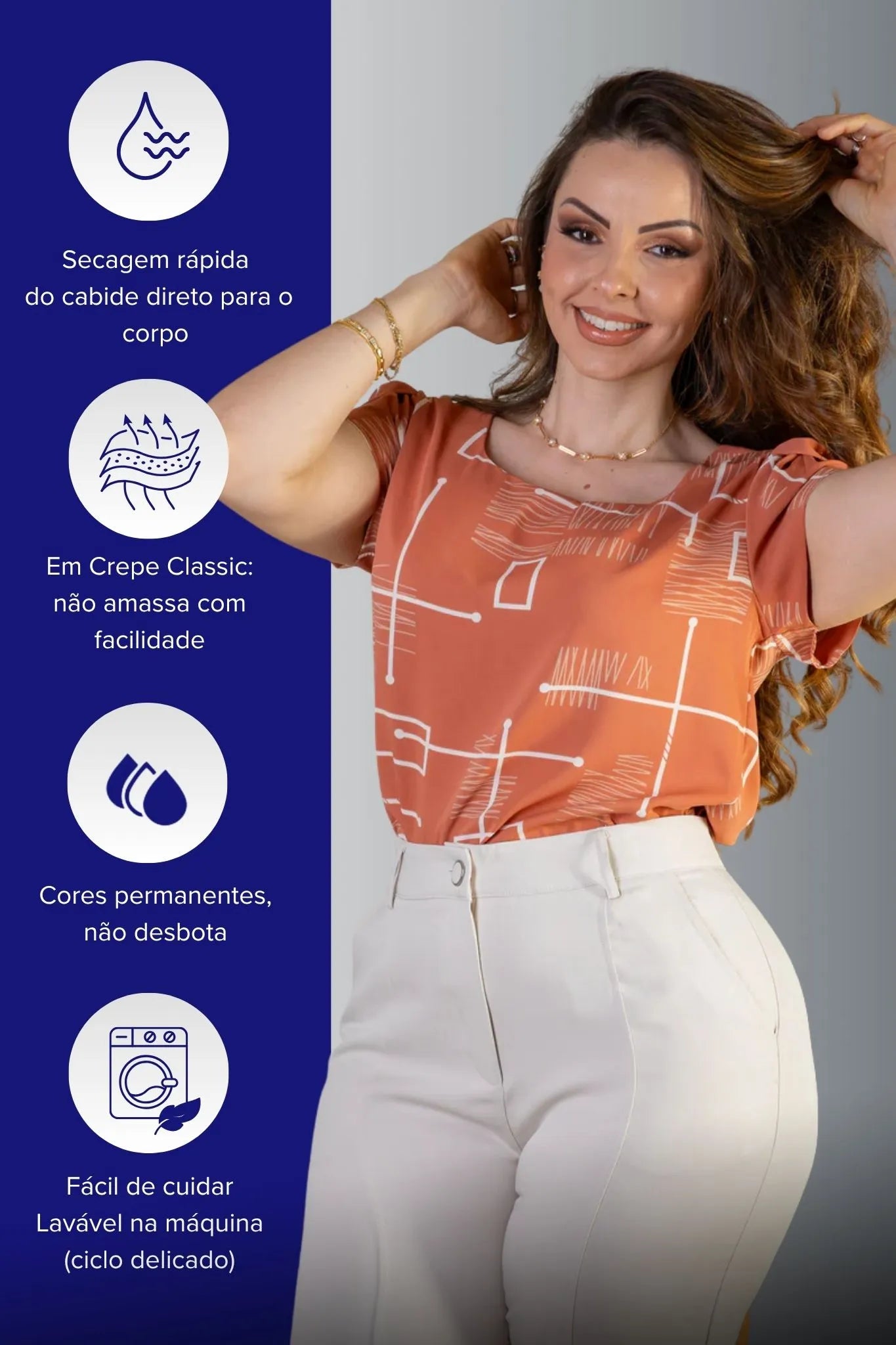 Blusa Manga Transpassada Crepe Classic Elis Regina Estampada Terracota