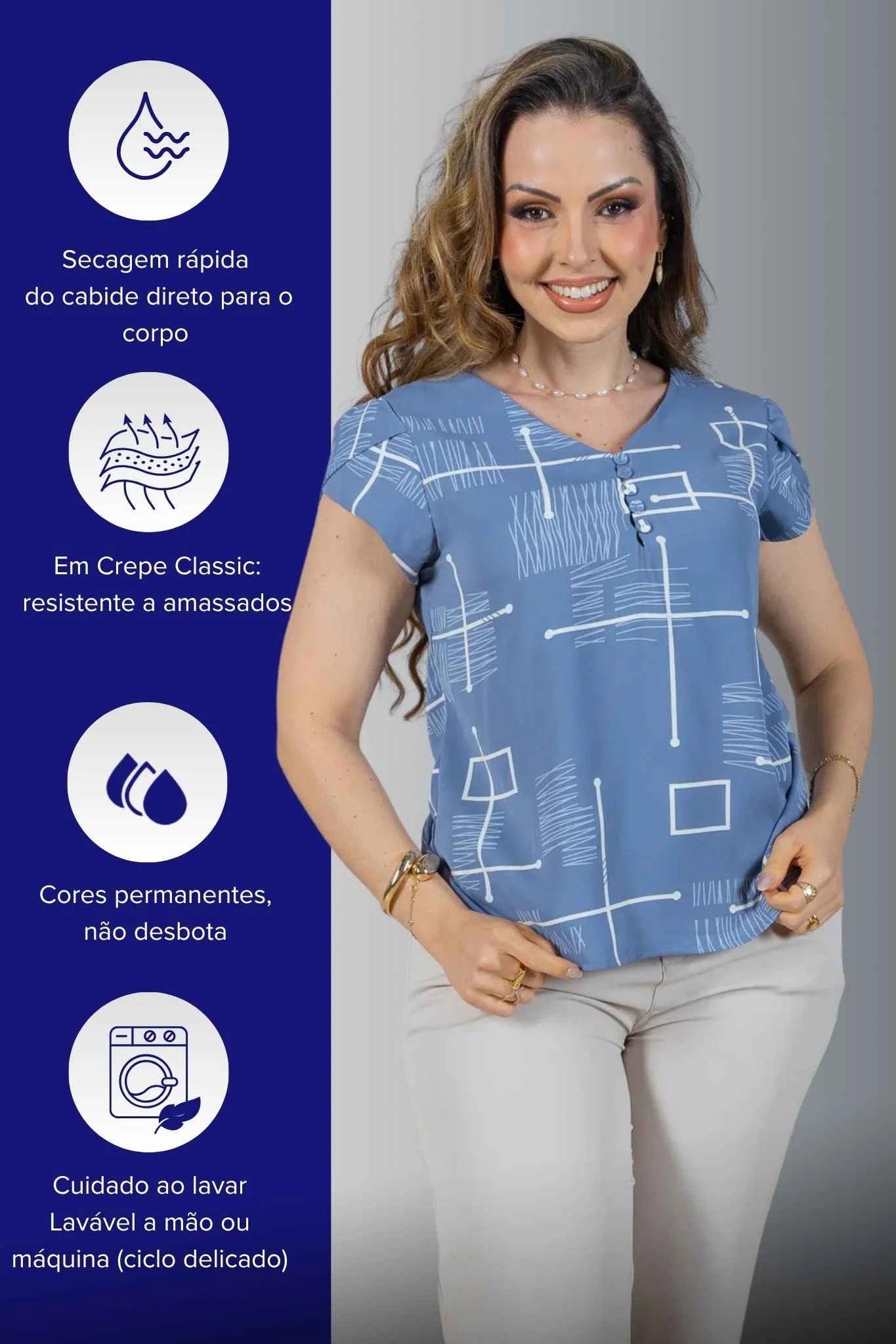 Blusa Manga Curta em Crepe Classic Decote em "V" Estampa Geométrica Emily Azul