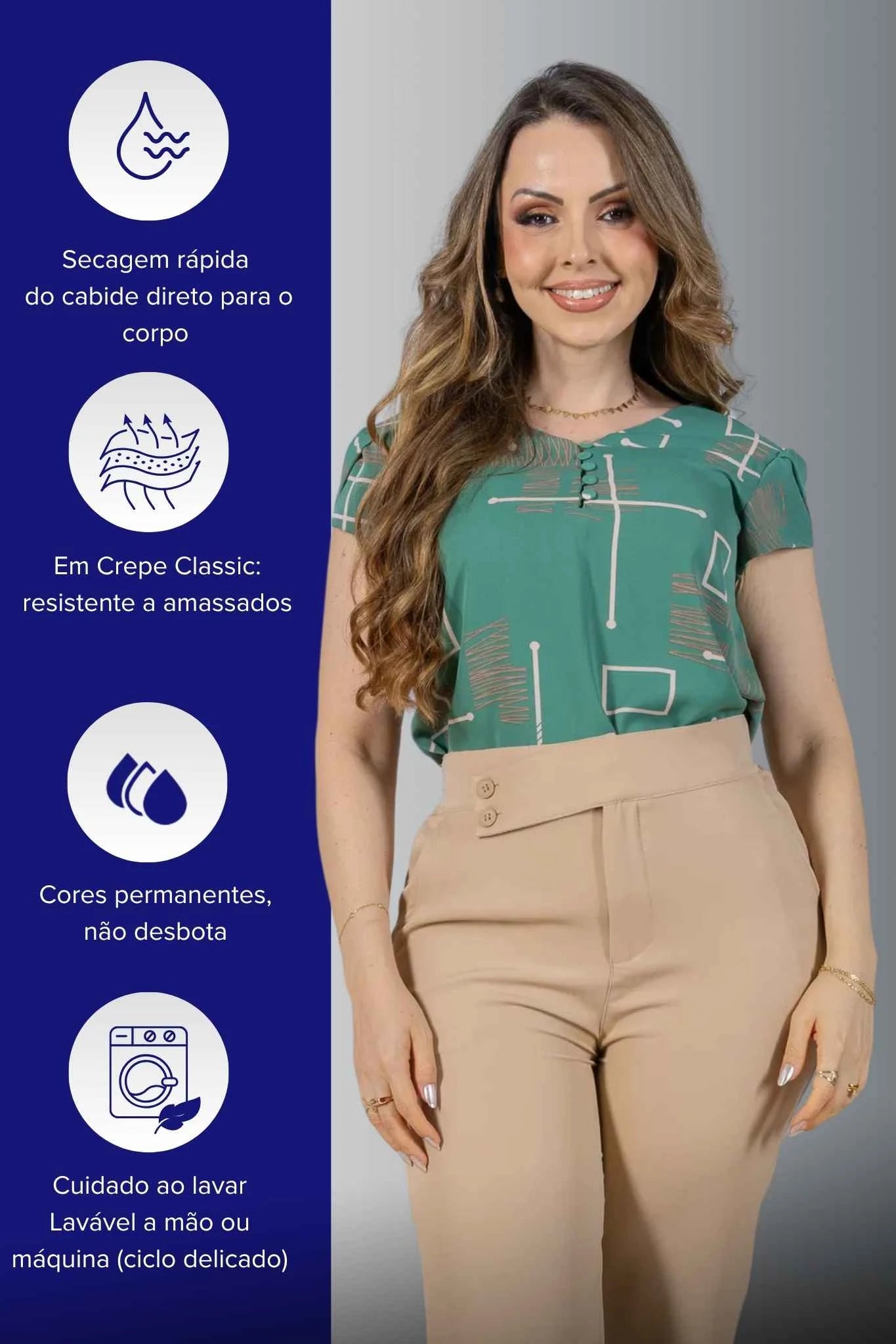 Blusa Manga Curta em Crepe Classic Decote em "V" Estampa Geométrica Emily Verde