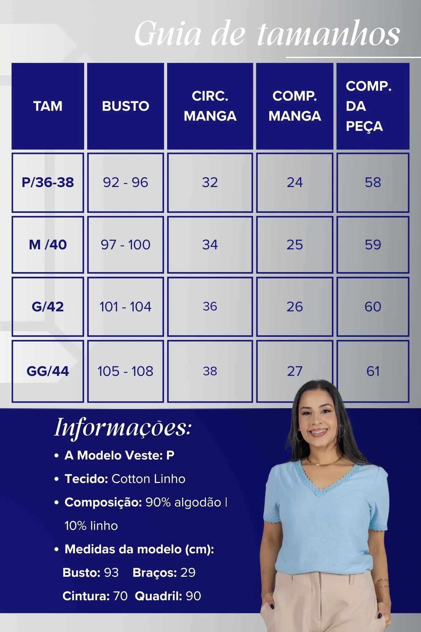 Blusa Manga Curta Decote em "V" em Cotton Linho e Detalhes Bordados Érica Azul
