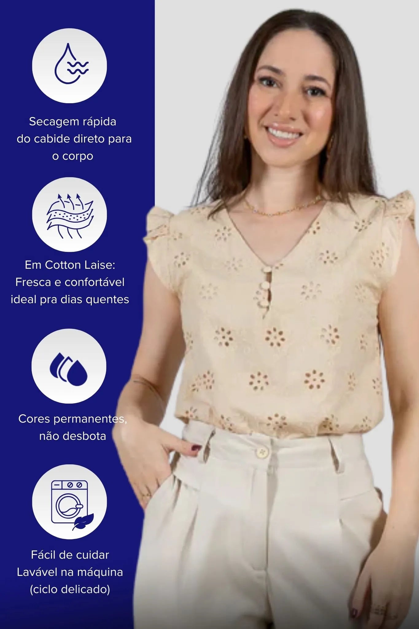 Regata Babados Detalhe Botão Em Cotton Laise Estela Bege