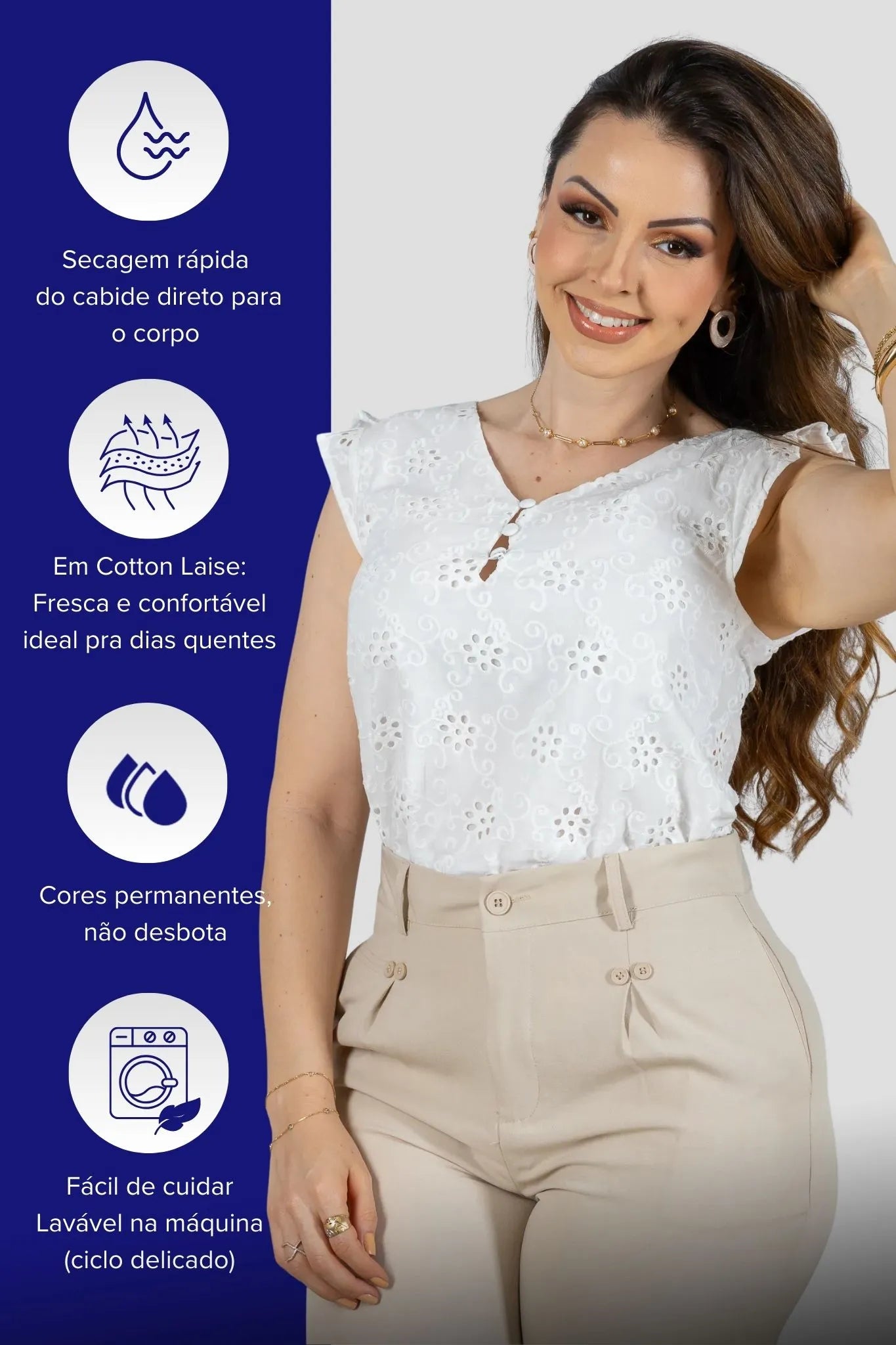 Regata Babados Detalhe Botão Em Cotton Laise Estela Branca