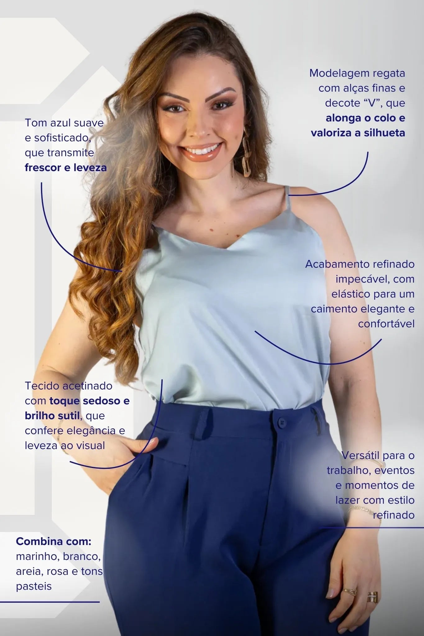 Blusa Regata Decote "V" Acetinada Fernanda Torres Azul