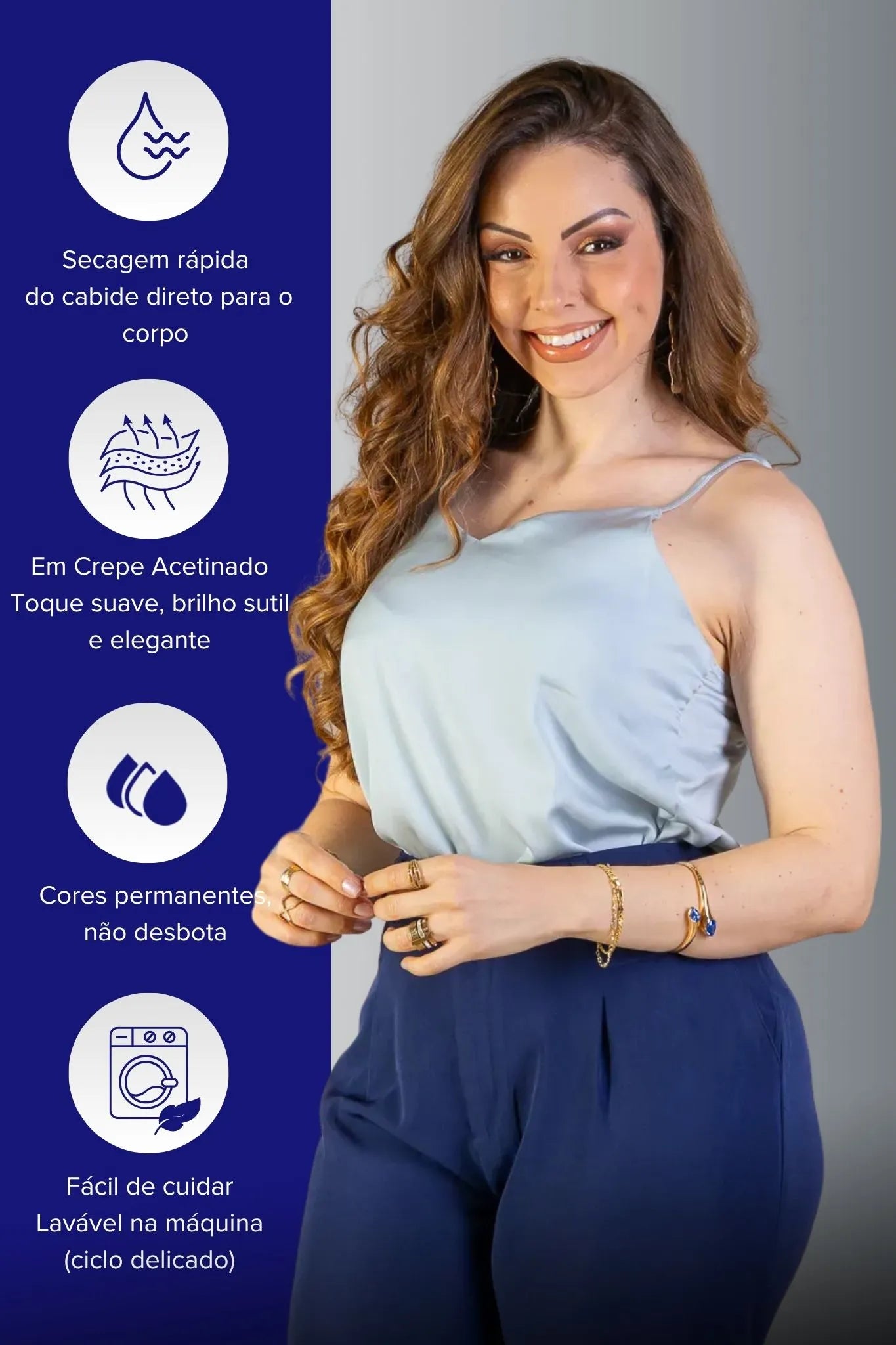 Blusa Regata Decote "V" Acetinada Fernanda Torres Azul