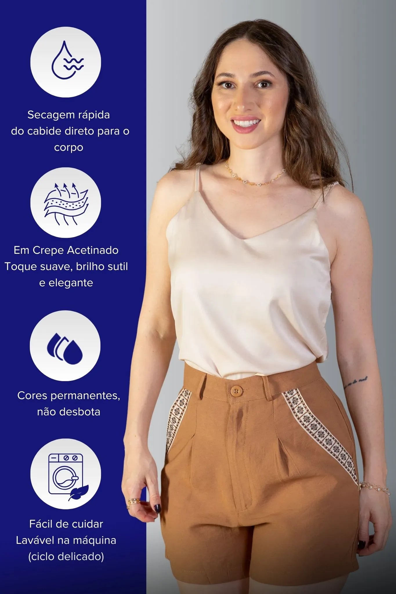 Blusa Regata Decote "V" Acetinada Fernanda Torres Bege