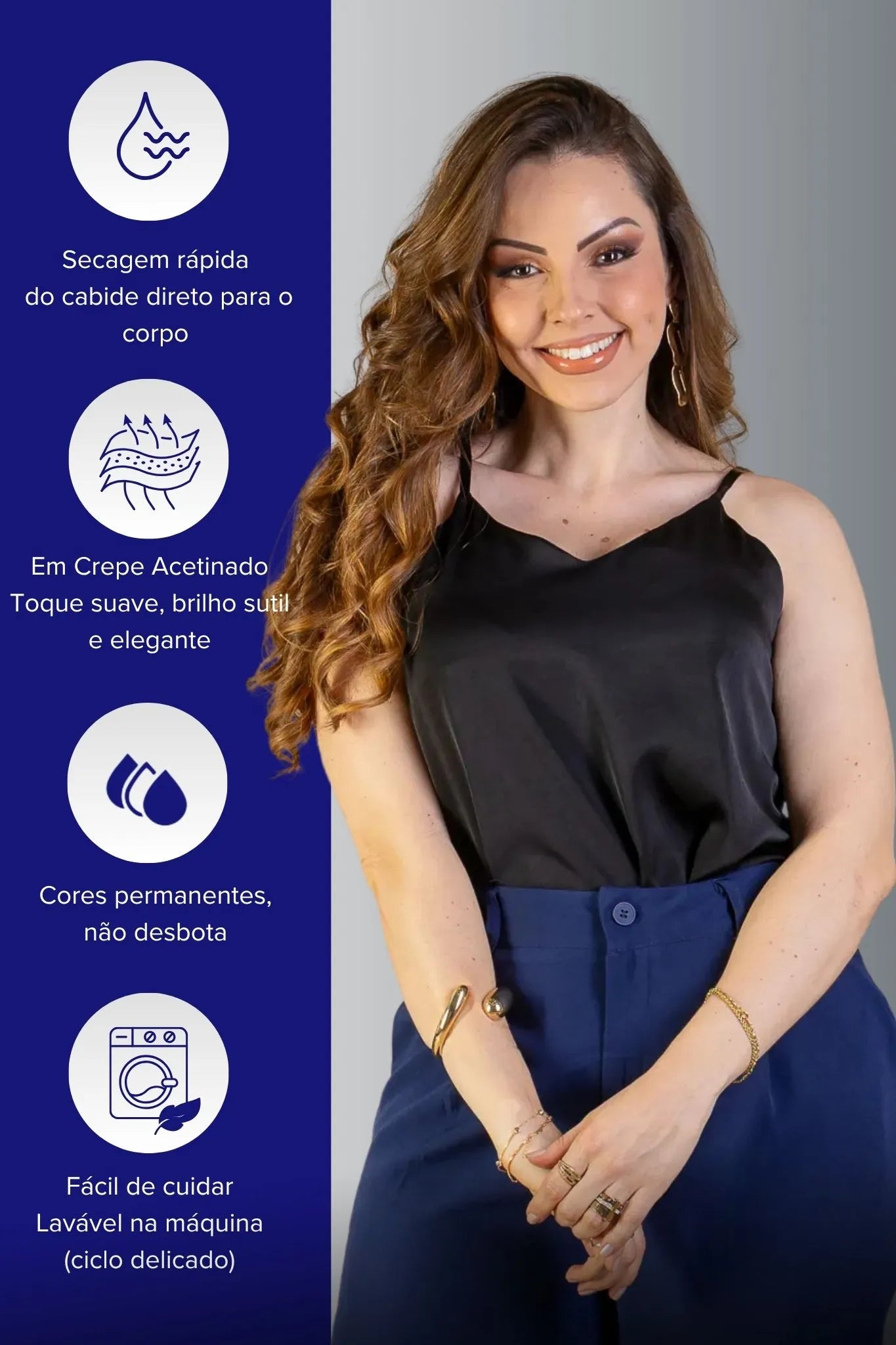Blusa Regata Decote "V" Acetinada Fernanda Torres Preta