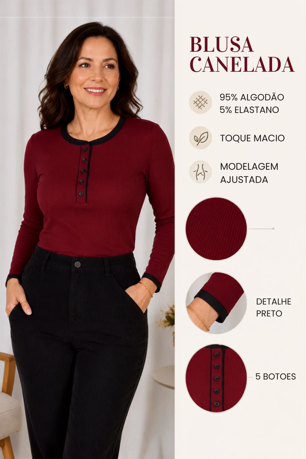 Blusa Cotton Lycra Confortável Helena Marsala