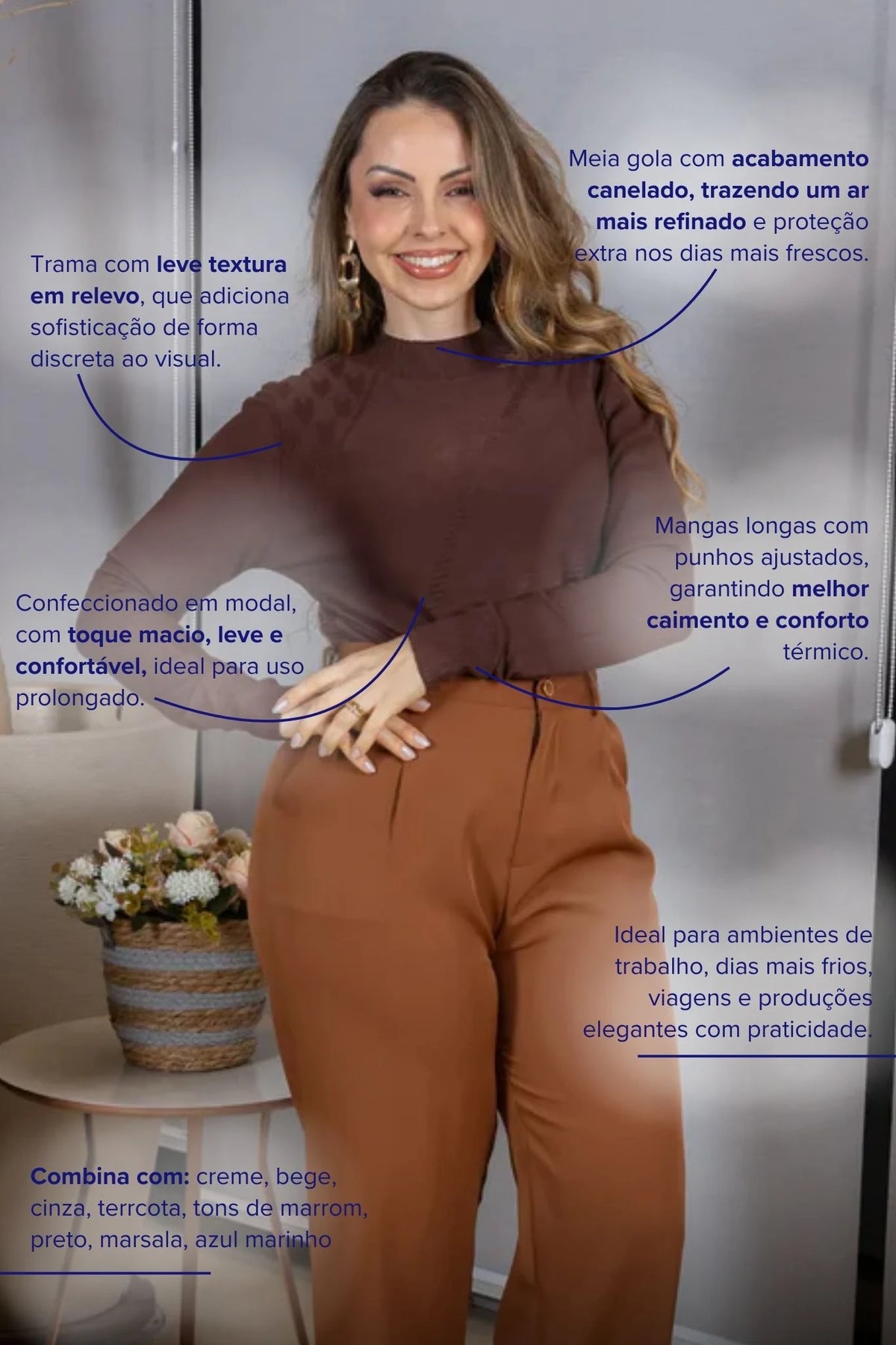 Tricot Manga Longa Meia Gola em Modal Gabriela Marrom Escuro