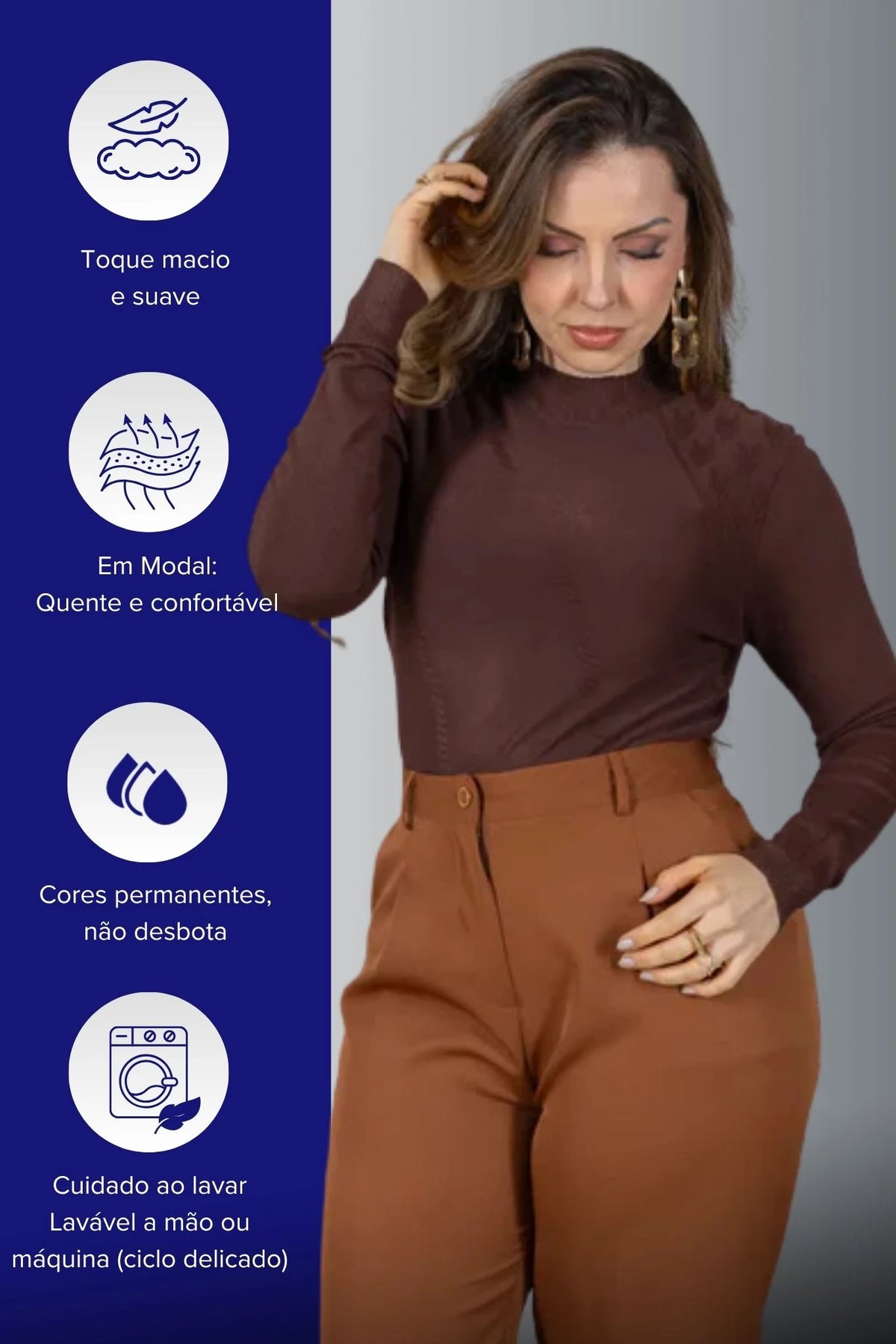Tricot Manga Longa Meia Gola em Modal Gabriela Marrom Escuro