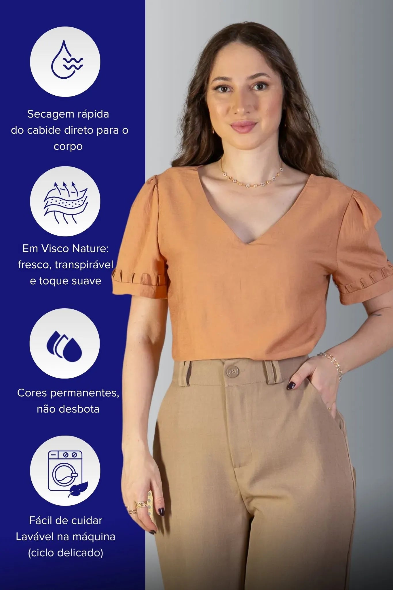 Blusa Manga Curta Decote "V" Visco Nature Gal Costa Bege