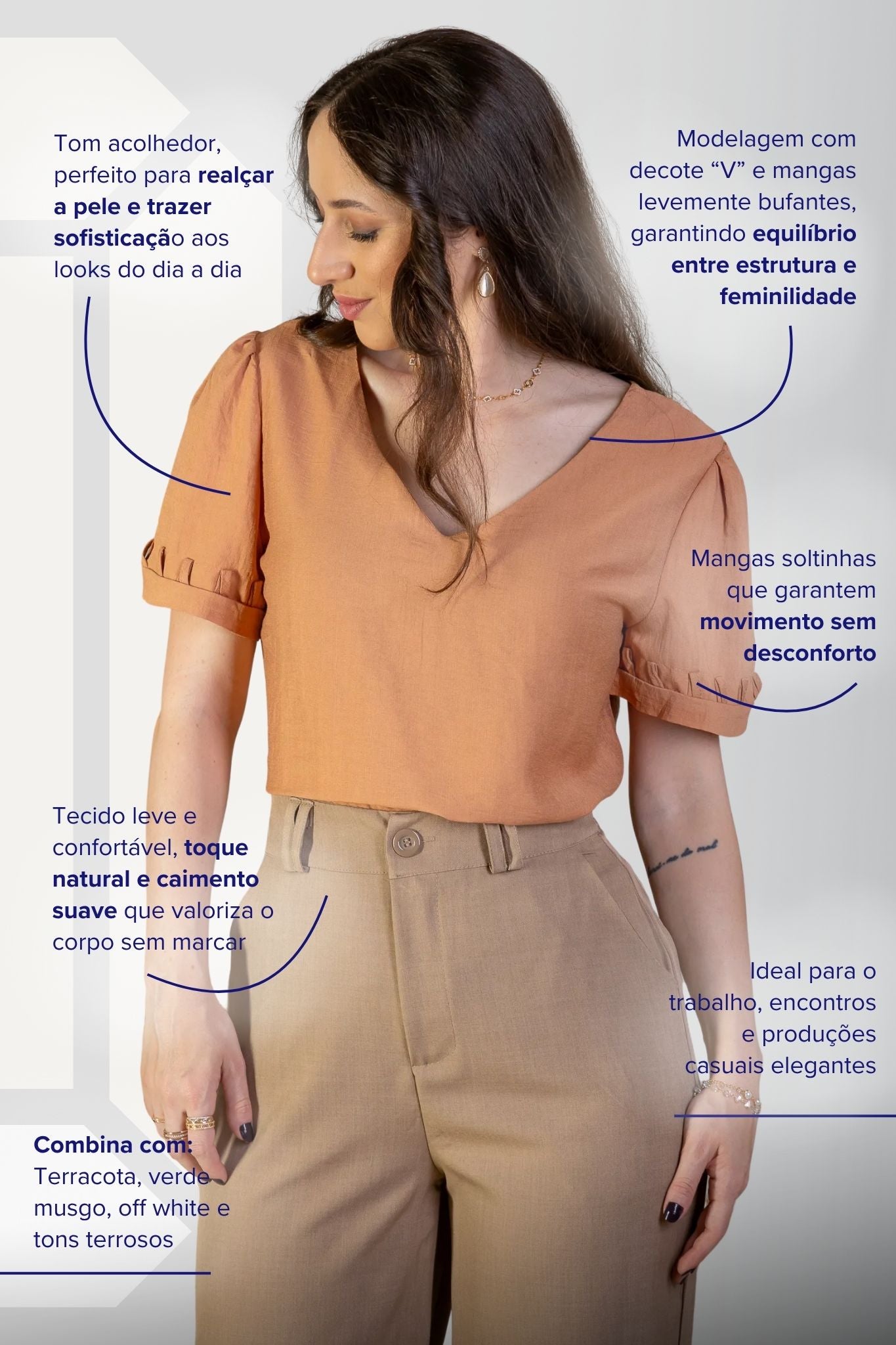 Blusa Manga Curta Decote "V" Visco Nature Gal Costa Bege