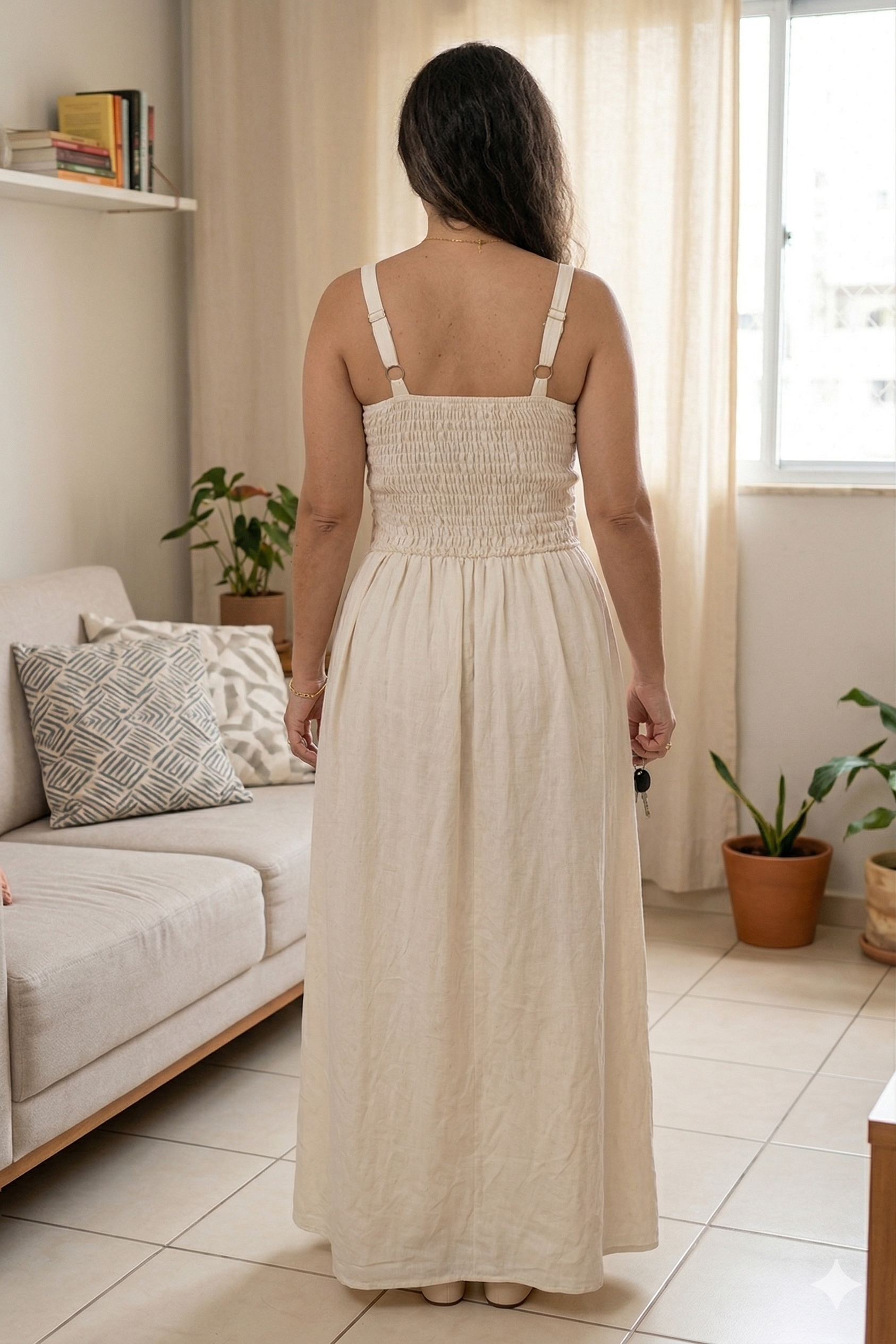 Vestido Midi Alças Detalhe Bordado Crepe Brise Lorena Creme