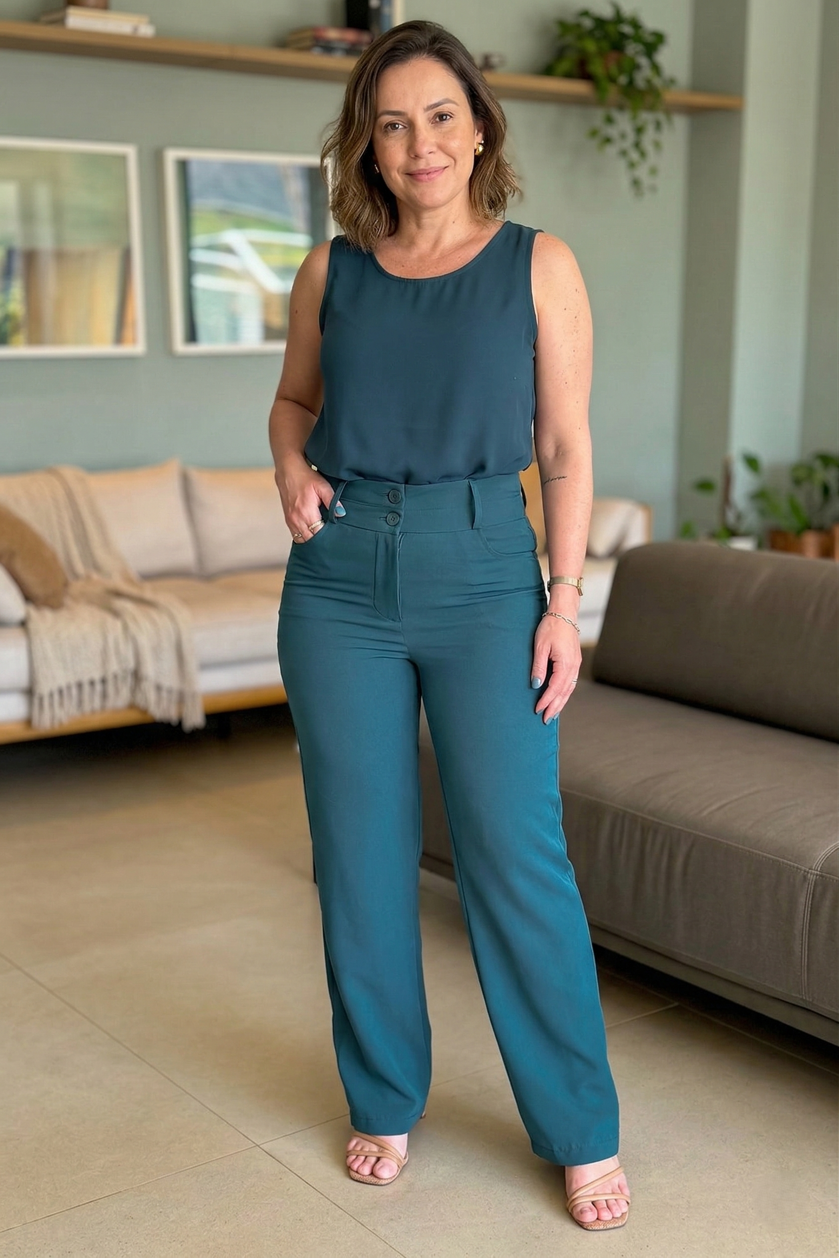 Calça Alfaiataria Corte Reto Ana Julia Verde Petróleo