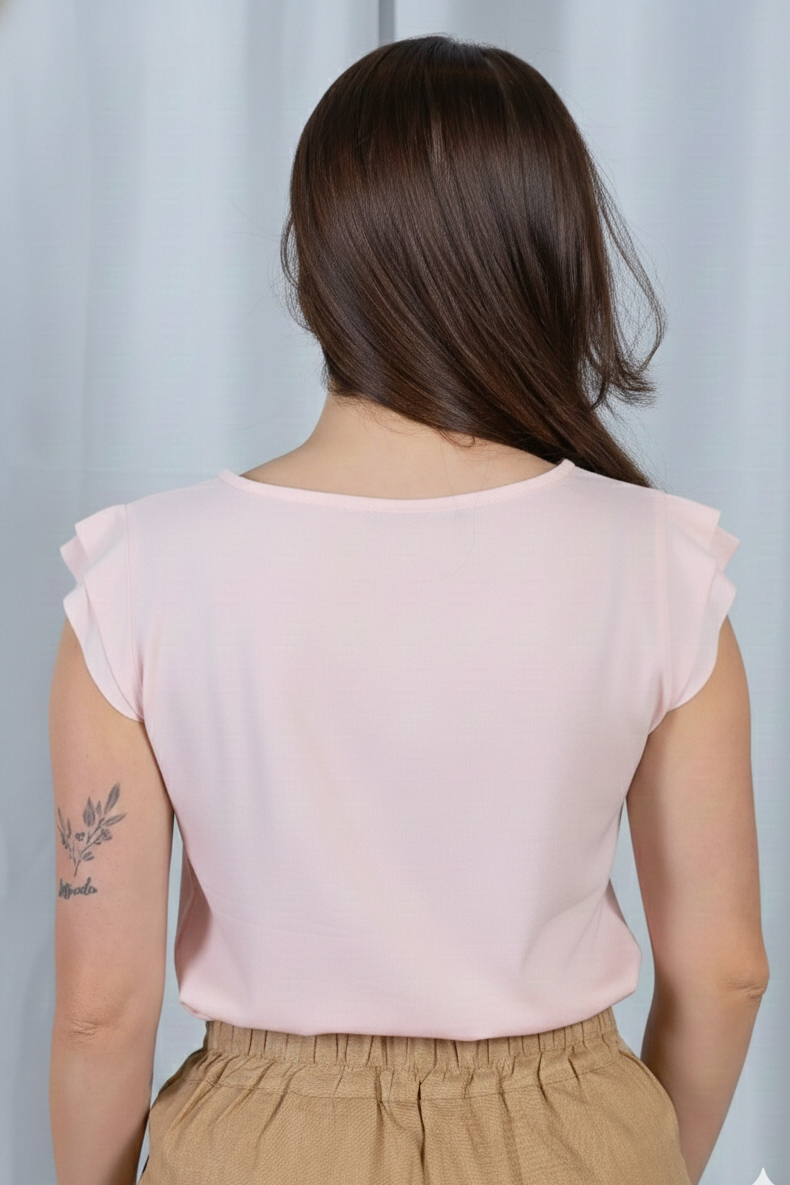 Blusa Manga Curta Decote em "V" Cotton Touch Detalhe Trançado Colo Virgínia Rosa